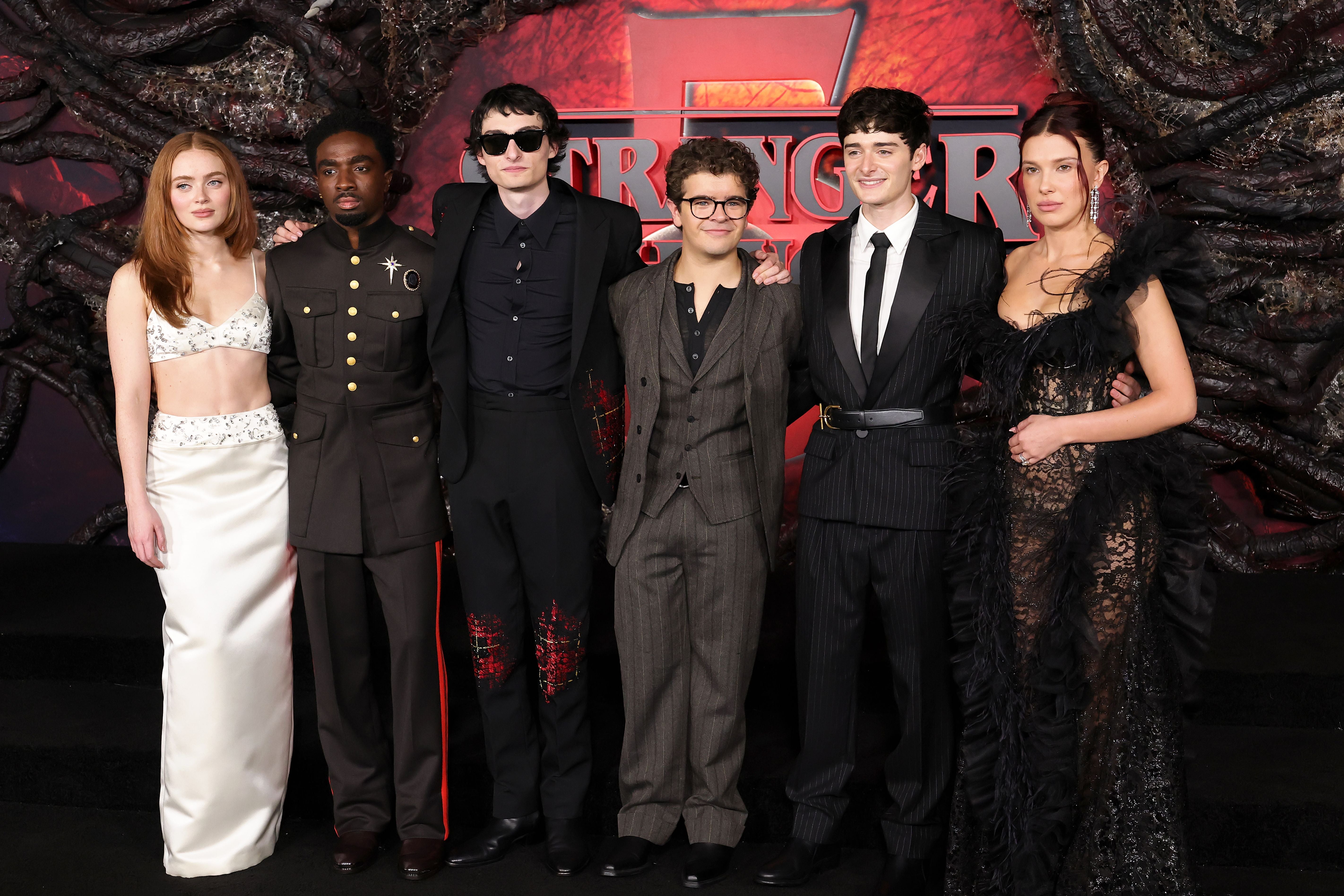 Sadie Sink, Caleb McLaughlin, Finn Wolfhard, Gaten Matarazzo, Noah Schnapp and Millie Bobby Brown at the Los Angeles premiere of Netflix's 'Stranger Things' season five