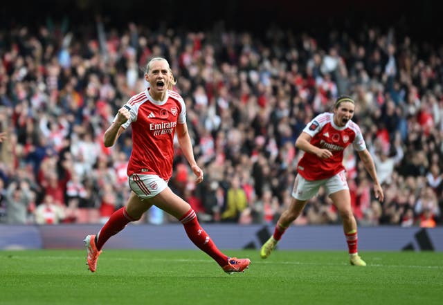 <p>Stina Blackstenius of Arsenal celebrates scoring a goal which was later ruled out </p>
