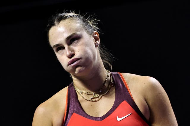 <p>Aryna Sabalenka reacts after her defeat to Elena Rybakina</p>
