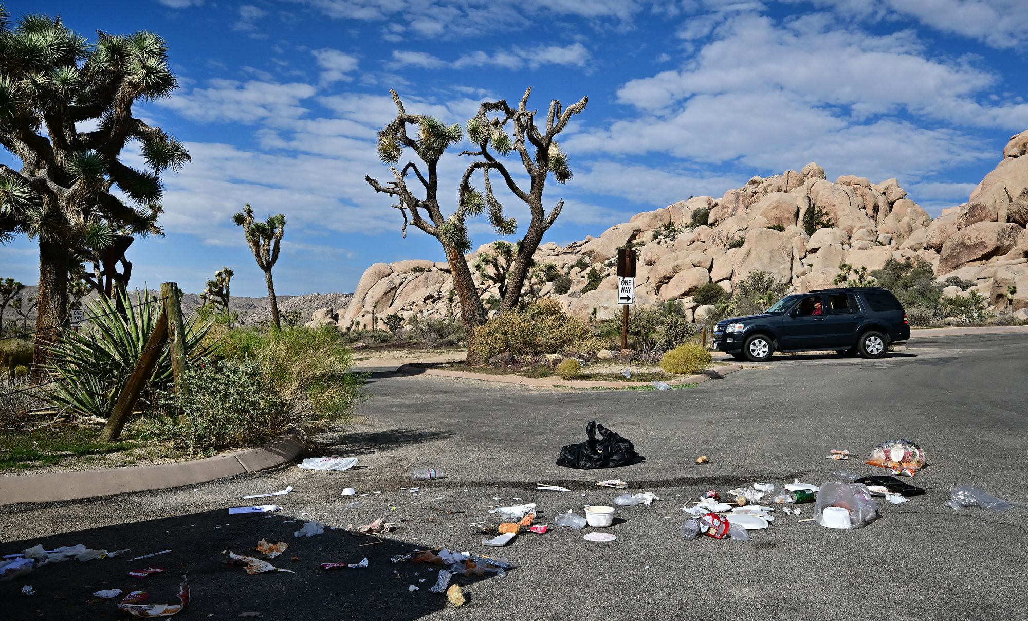 Trash is littered along the road at Joshua Tree National Park in California on October 10, 2025, the tenth day of the federal government shutdown