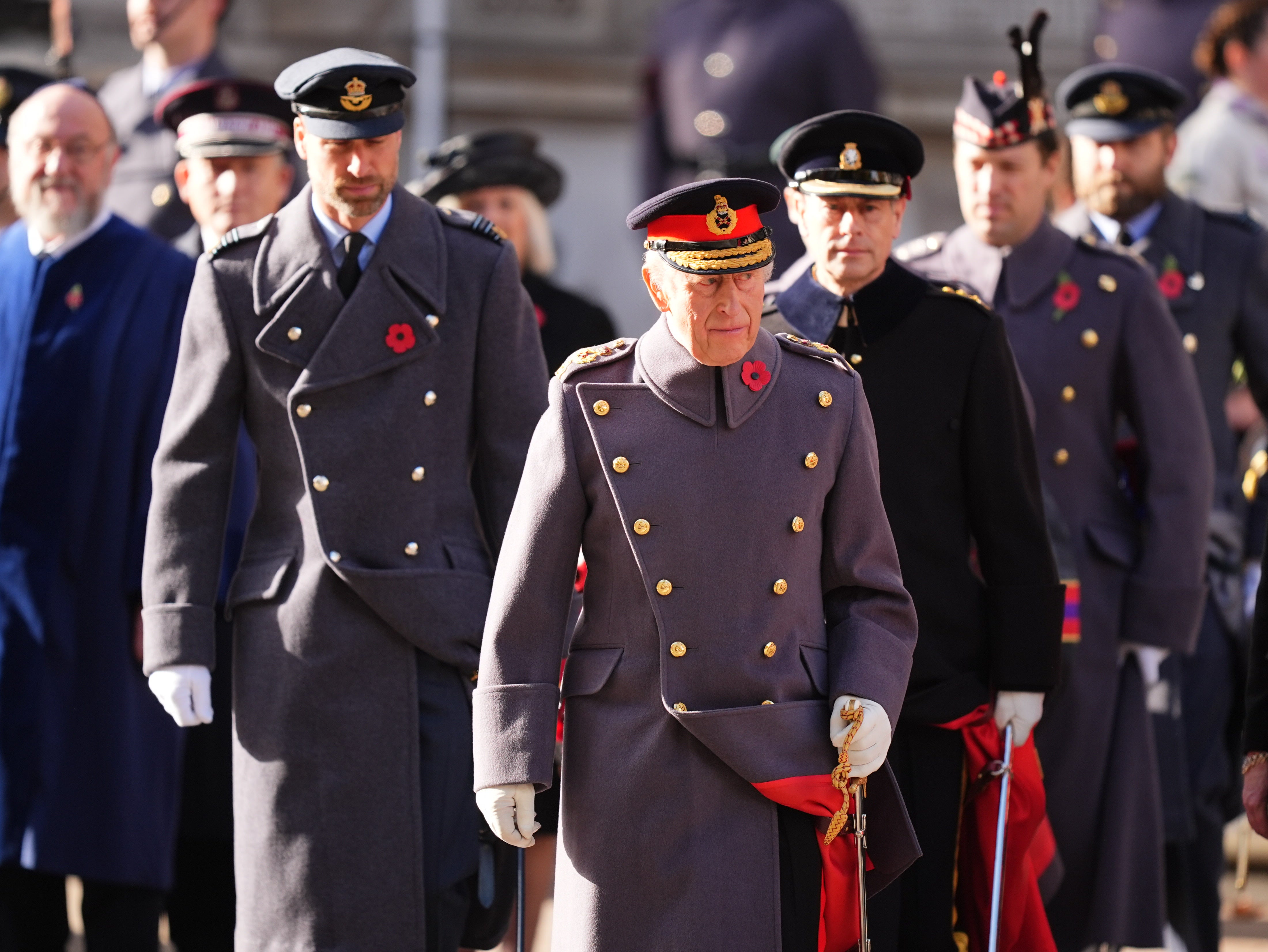<p>King Charles followed by the Prince of Wales (left) and the Duke of Edinburgh (right) during the Remembrance Sunday service at the Cenotaph in London</p>