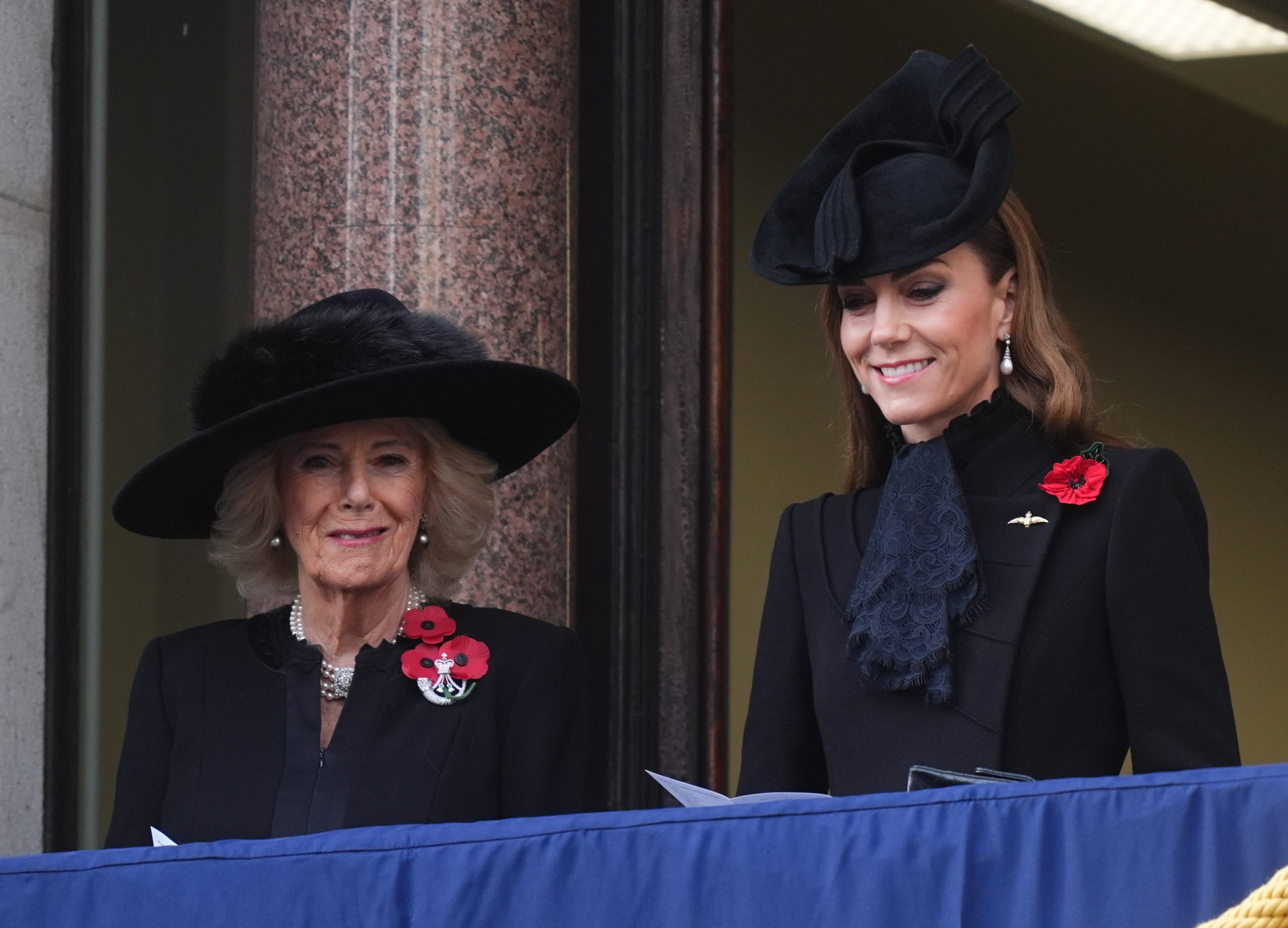 Queen Camilla and the Princess of Wales on a balcony at the Foreign, Commonwealth and Development Office