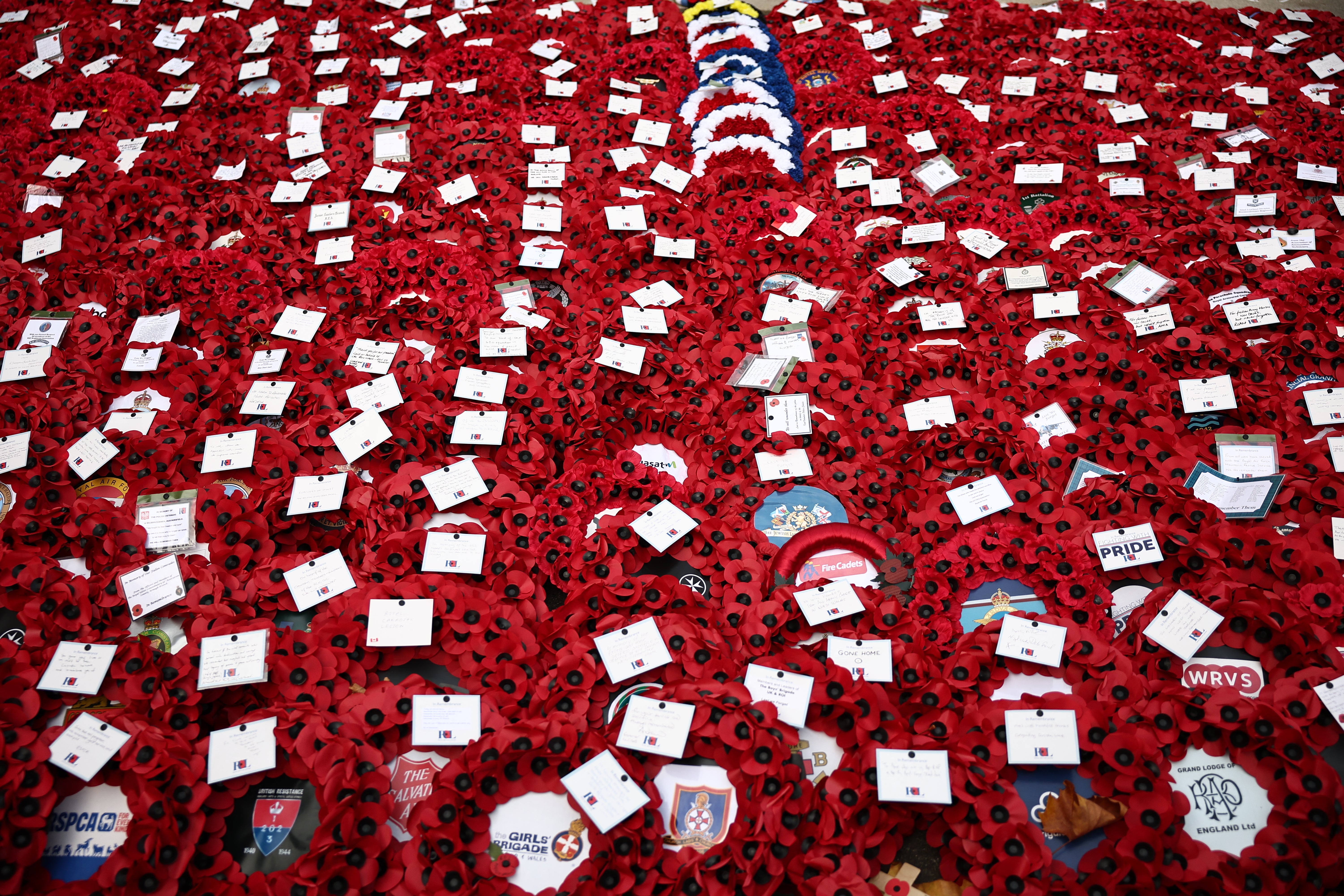 Poppy wreaths at the foot of the Cenotaph in London