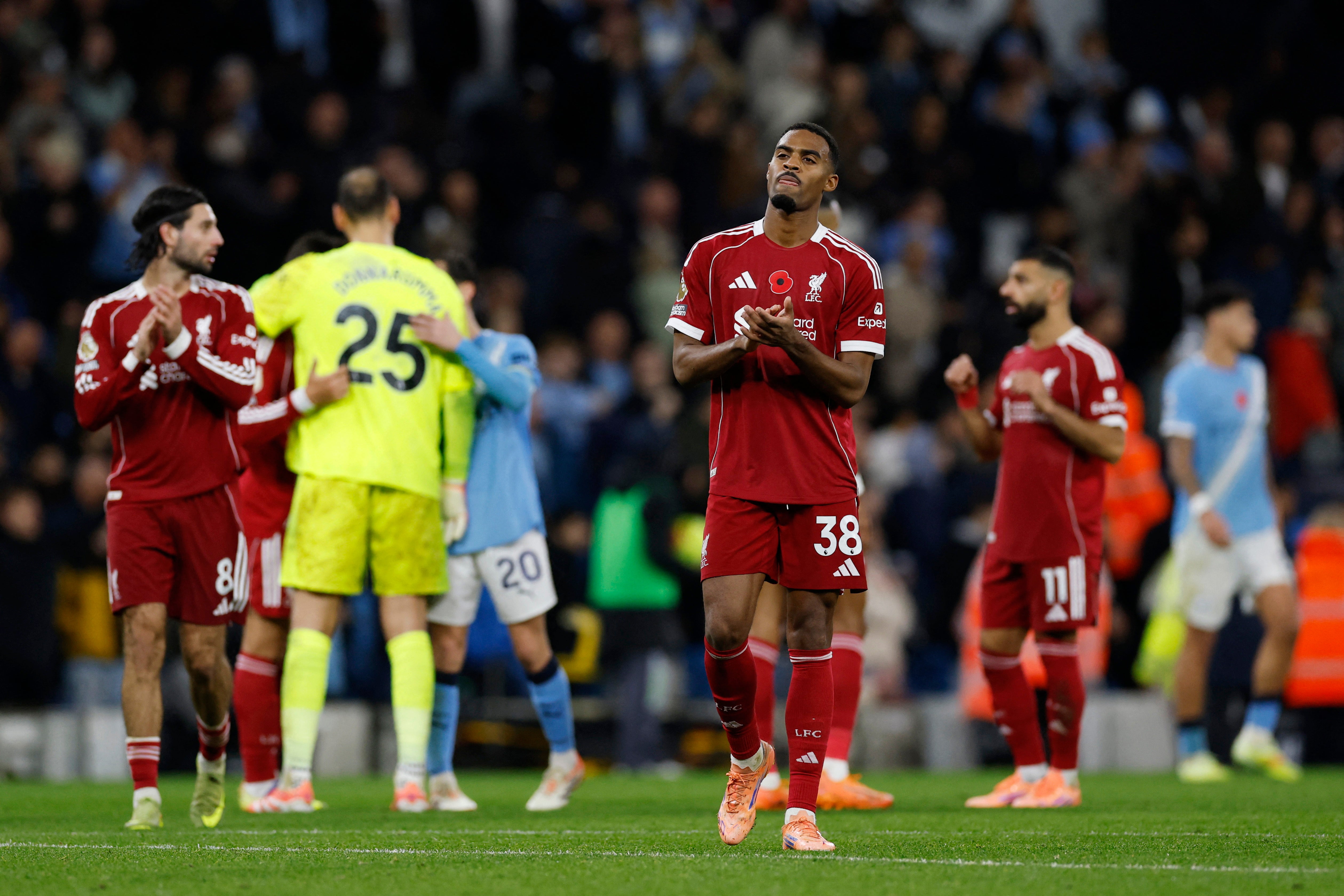 Ryan Gravenberch applauds the Liverpool fans at full-time
