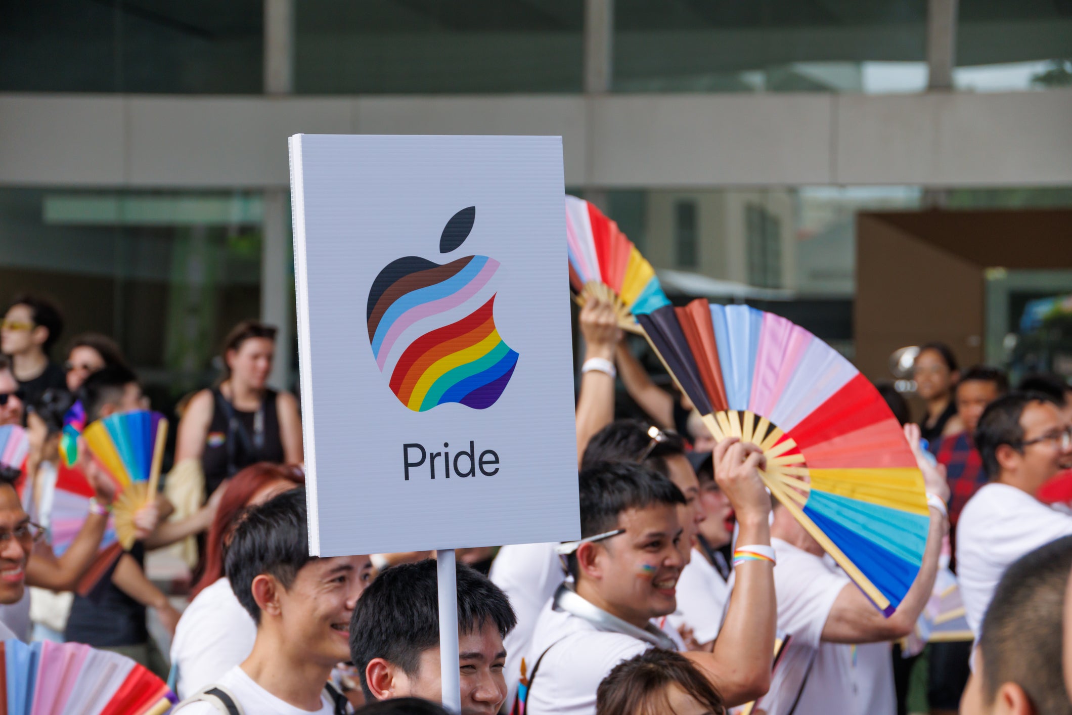 <p>Participants in Bangkok Pride Festival parade the Apple logo on 1 June, 2025, in Bangkok, Thailand</p>