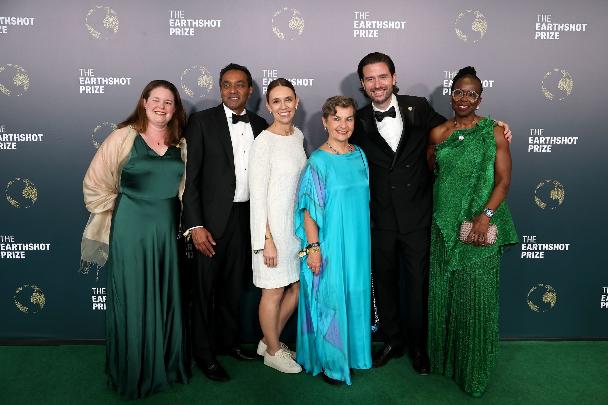 Figueres, third from the right, attends the 2025 Earthshot Prize in Rio de Janeiro just before Cop30, alongside figures including Jacinda Ardern, on her left