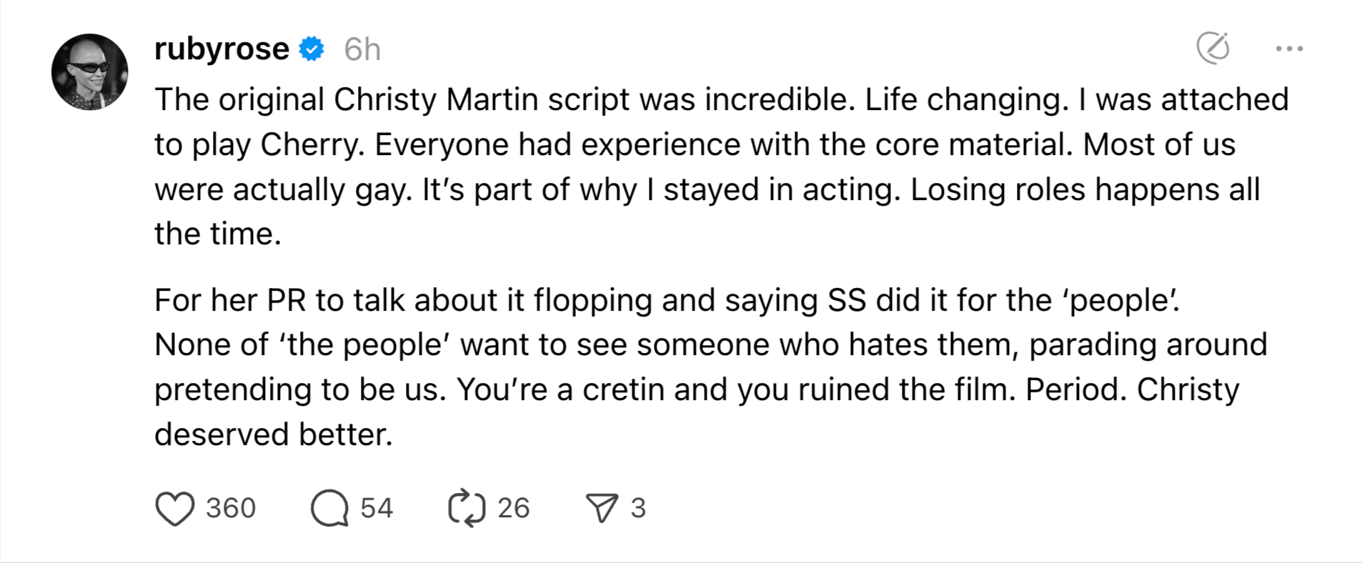 Руби Роуз је тврдила да је првобитно била везана за улогу Кристи Мартин