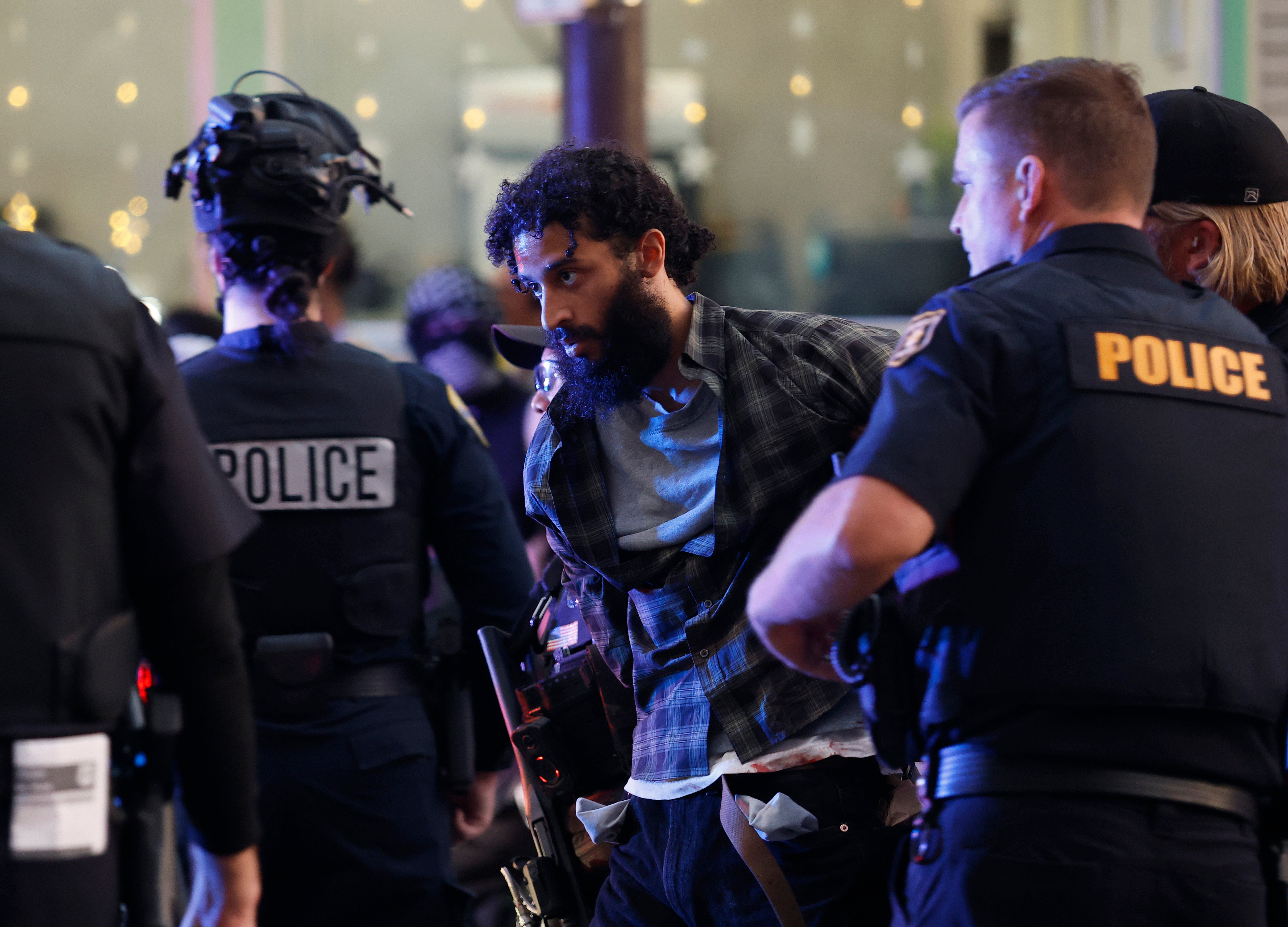 A brawl broke out Monday as protesters demonstrated near a Turning Point USA event at the University of California, Berkeley