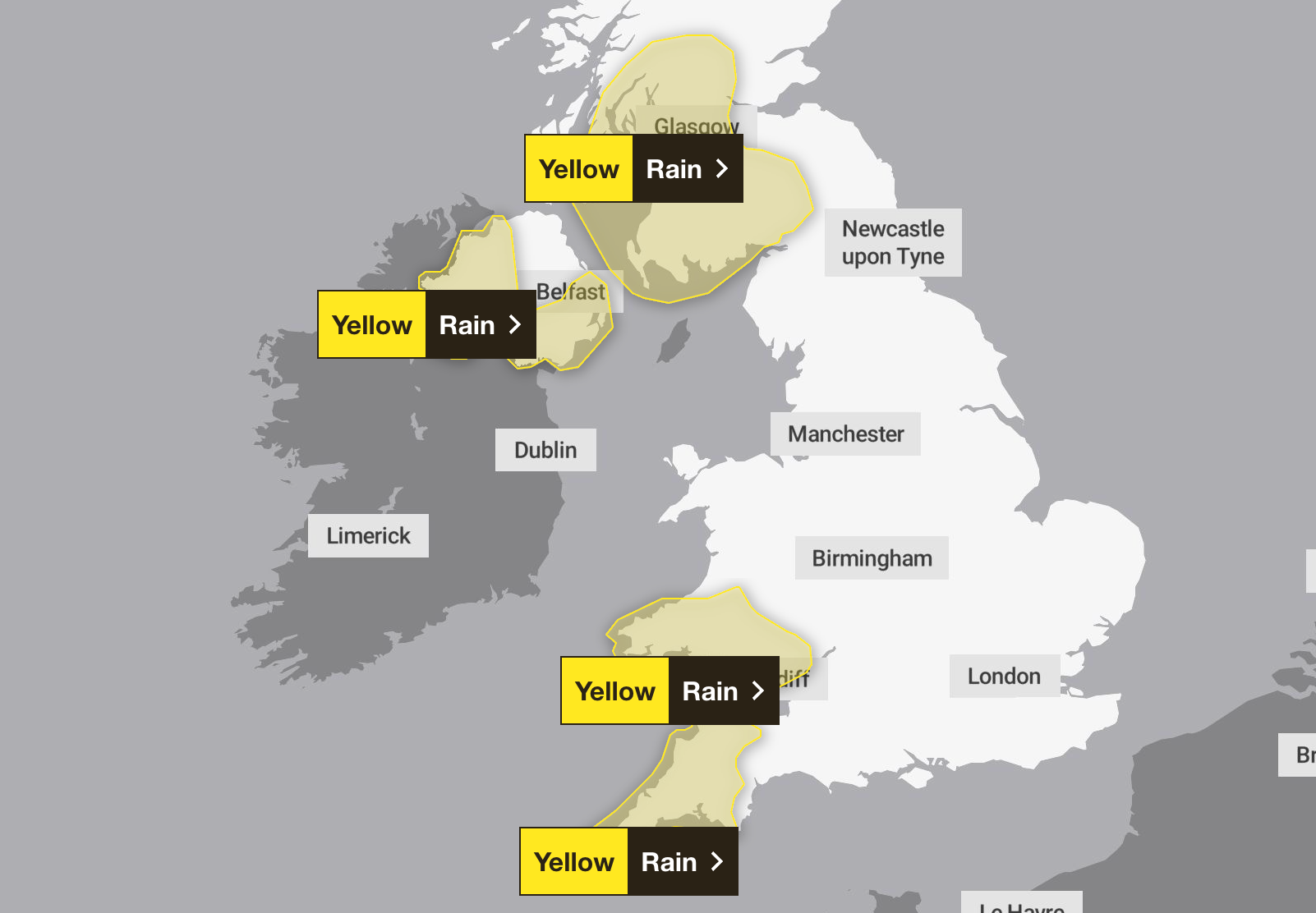 The weather warnings are in place until midnight on Tuesday