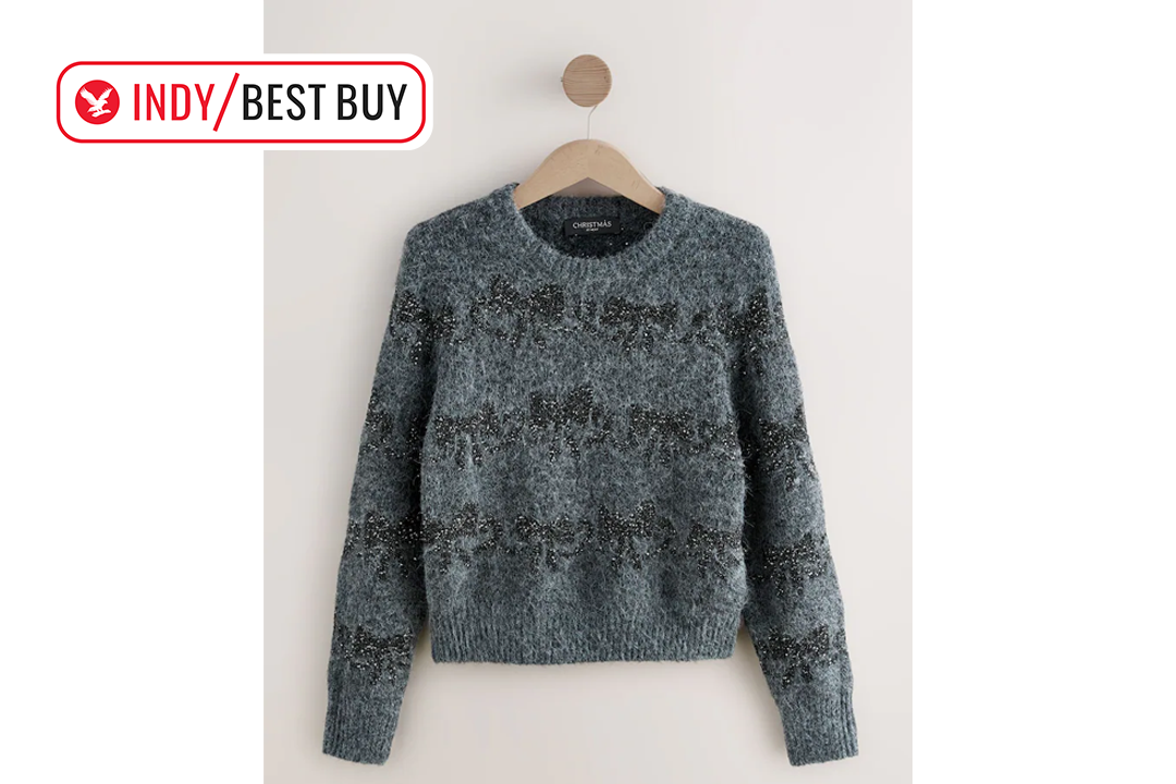 Best Christmas jumper IndyBest review Next charcoal grey sparkle tinsel bow Christmas jumper