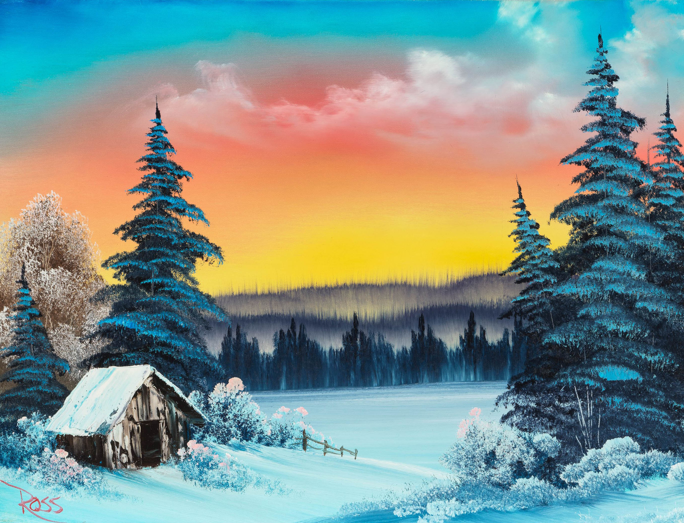 “Winter’s Peace,” a snowy scene painted entirely during a 1993 episode of Ross’ show “The Joy of Painting ” was sold for $318,000.