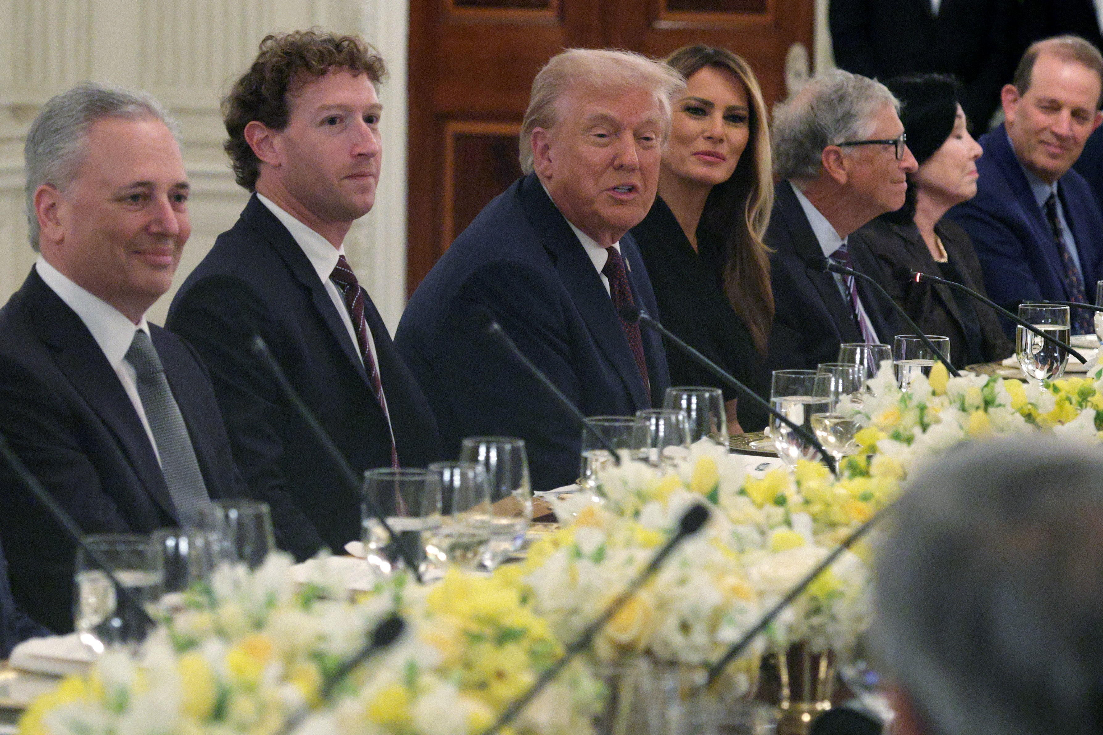 Trump during a dinner at the State Dining Room of the White House on September 4, 2025 as he hosted tech and business leaders for dinner after they joined the first lady's meeting of the Artificial Intelligence Education Task Force