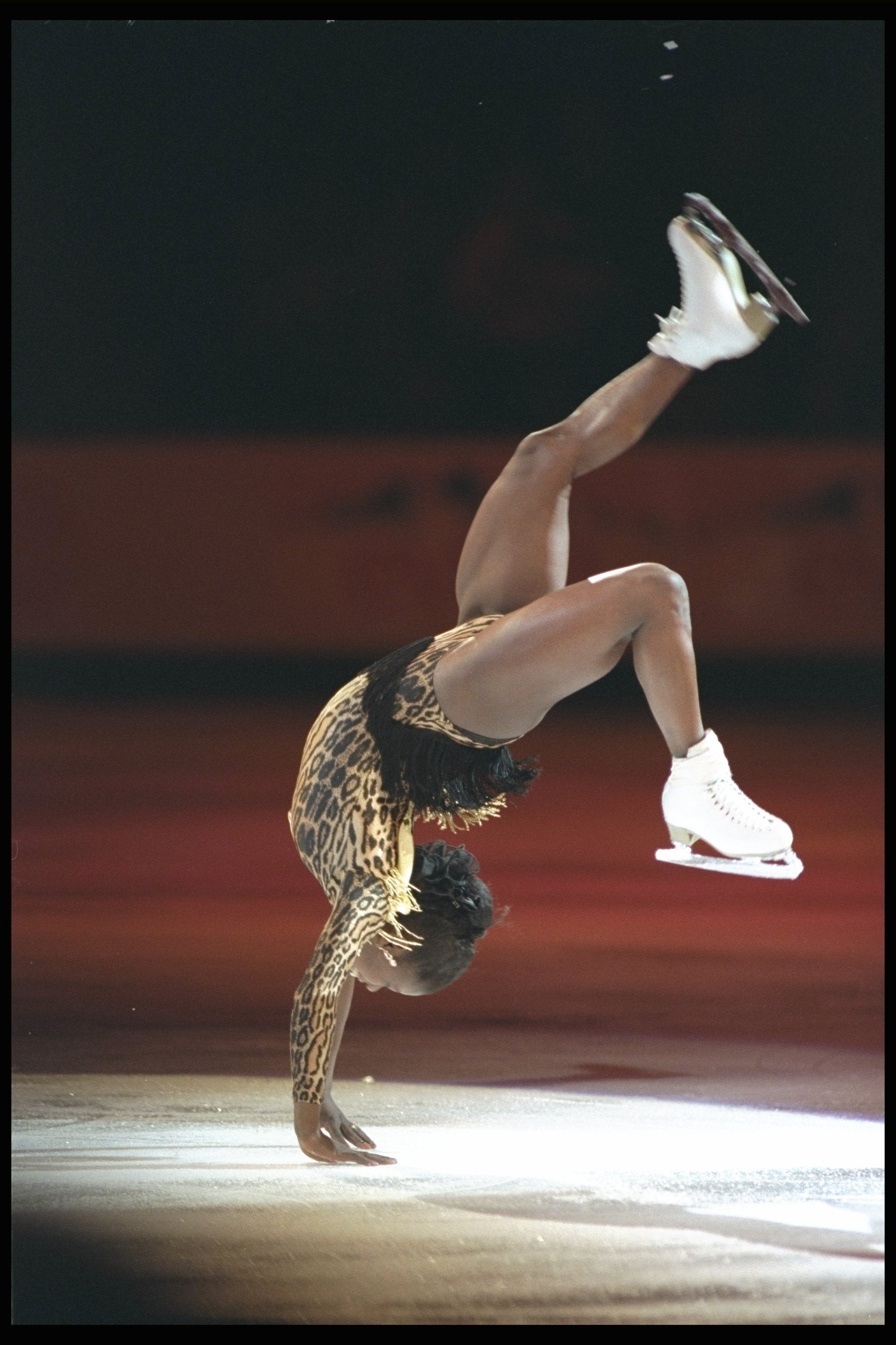 Bonaly at the World Figure Skating Championships in 1996. She is best known for her daring backflips, which are illegal in competitive skating