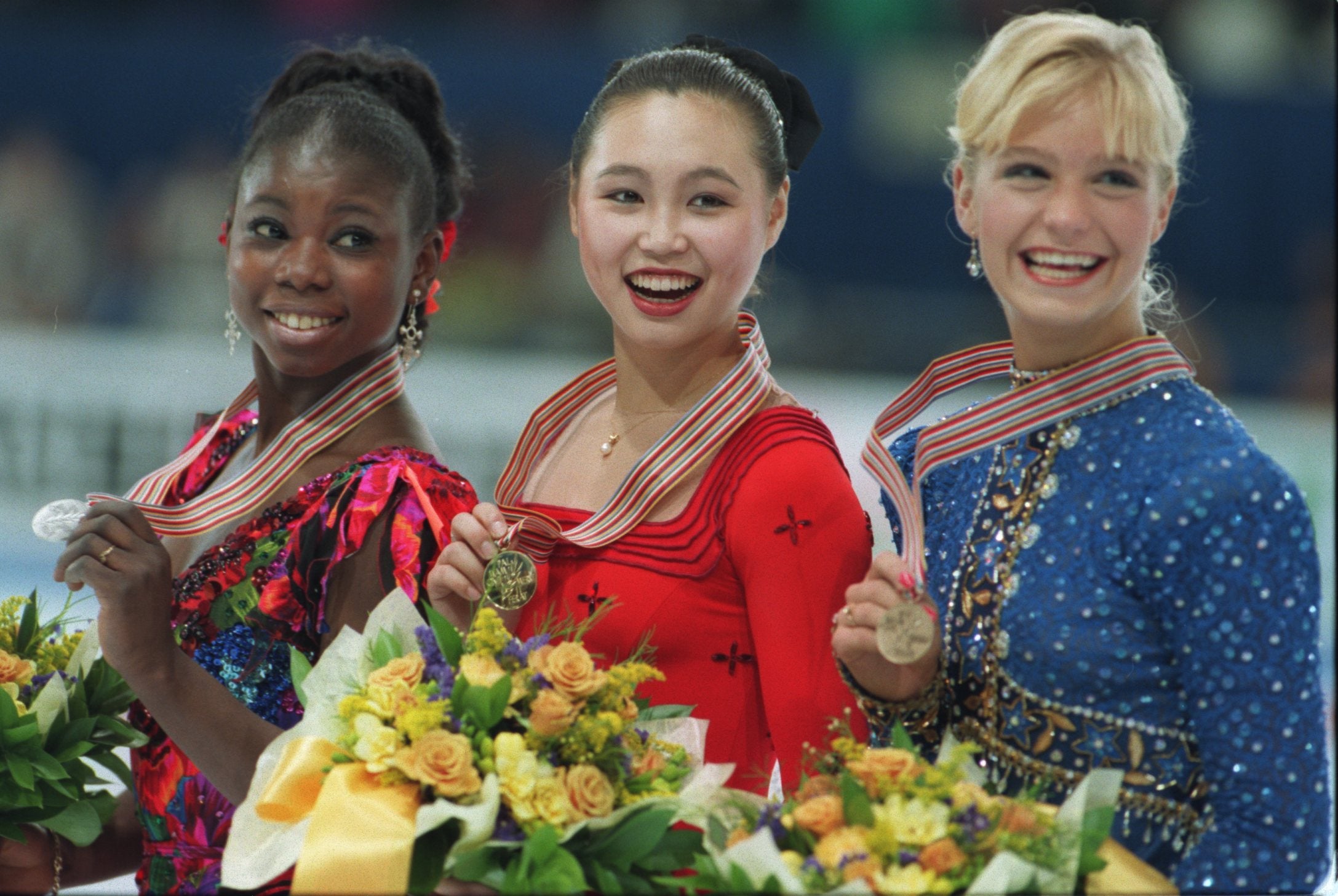 Surya Bonaly (left) pictured with a silver medal at the World Figure Skating Championships in 1995. Bonaly says all of her medals were stolen from her home while she was out of town