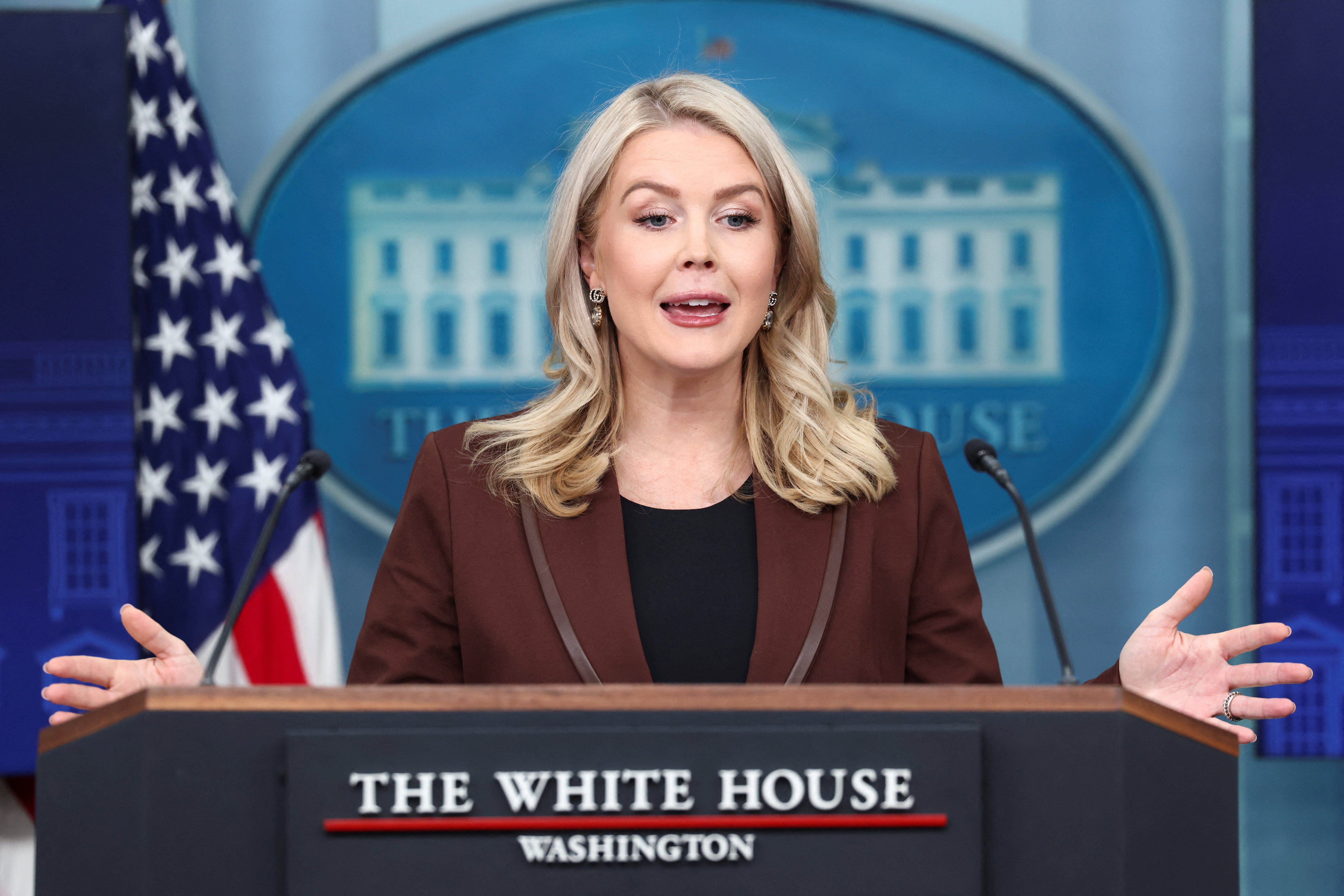 White House press secretary Karoline Leavitt speaks during a briefing at the White House in Washington, D.C., U.S., November 12, 2025