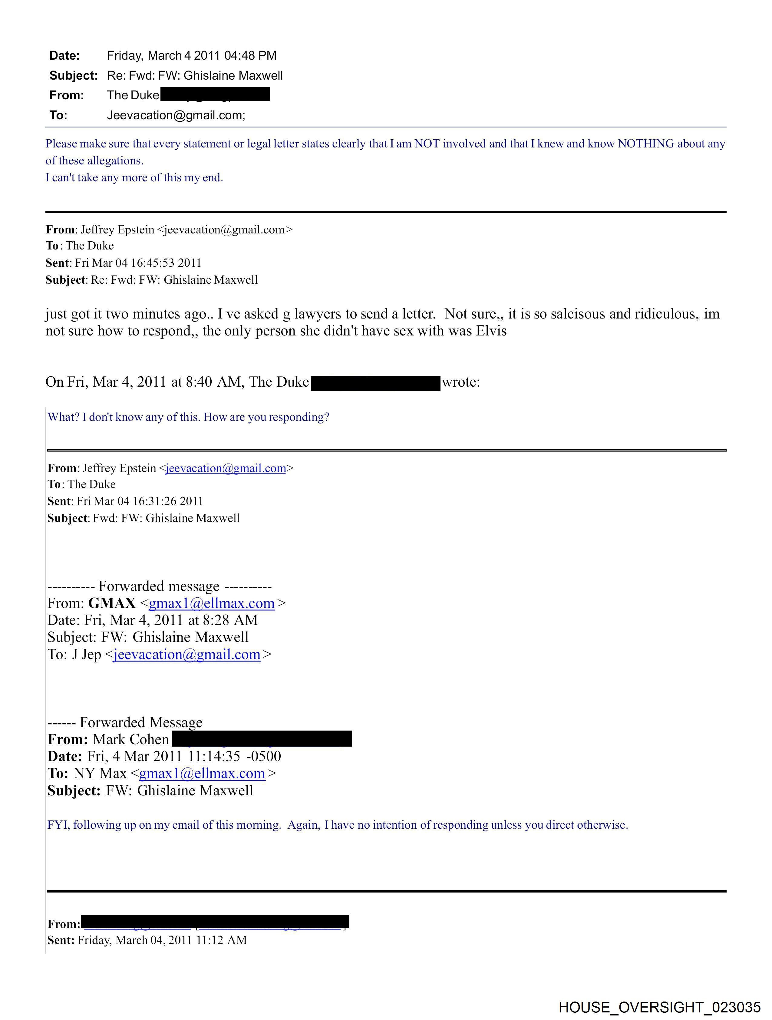 An email exchange between Andrew, Epstein and Maxwell was published on Wednesday (US House Oversight Committee/PA)