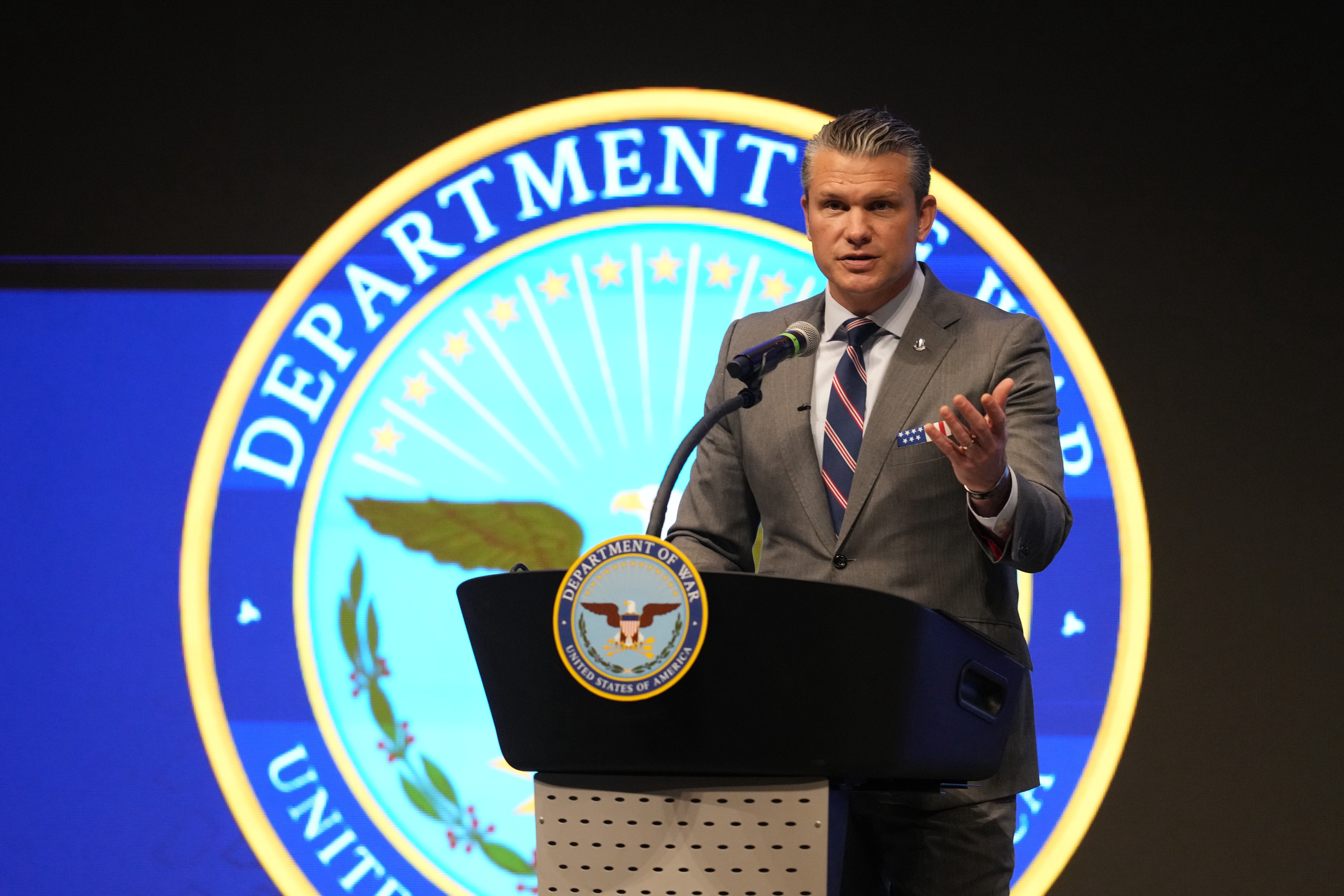 Secretary of War Pete Hegseth addresses a defense summit in Fort Wayne, Indiana, this week