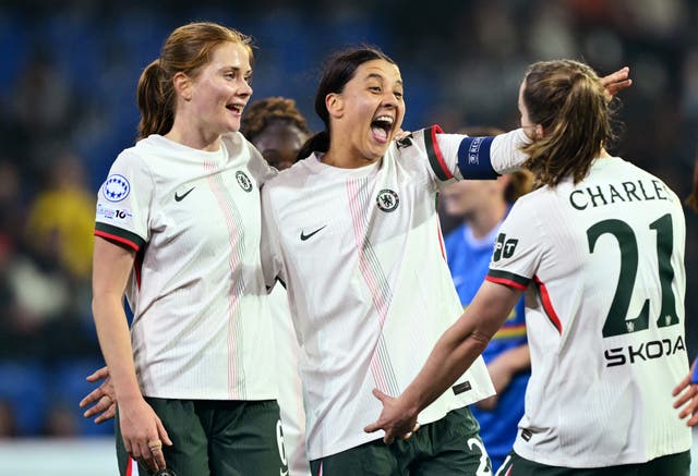 <p>Sam Kerr celebrates scoring Chelsea’s sixth goal in the win over St Polten</p>
