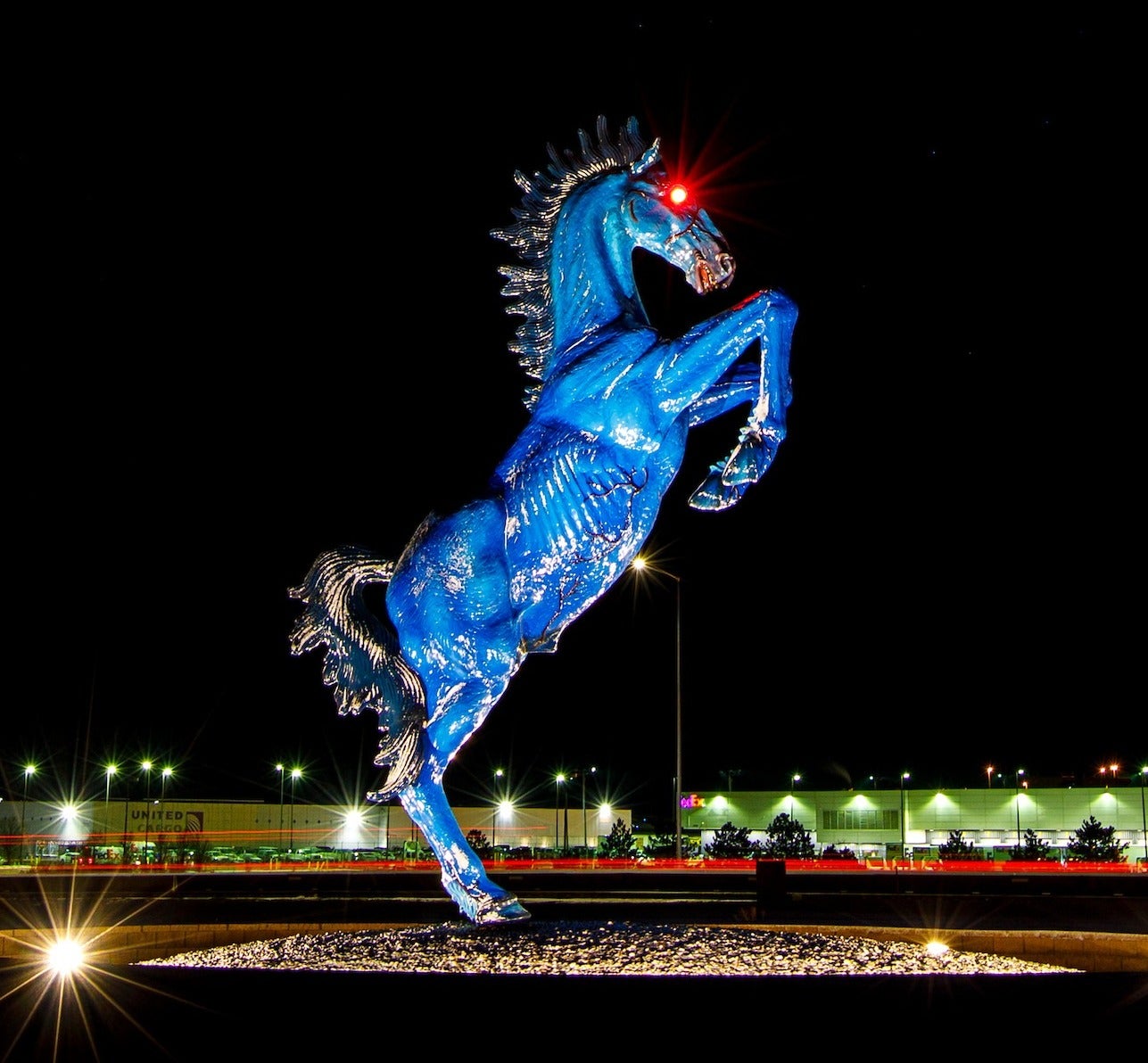 While many believe the horse’s glowing red eyes were portals to hell and evidence of Mustang’s demonic nature, airport officials explain that the eyes are simply LED flood lights