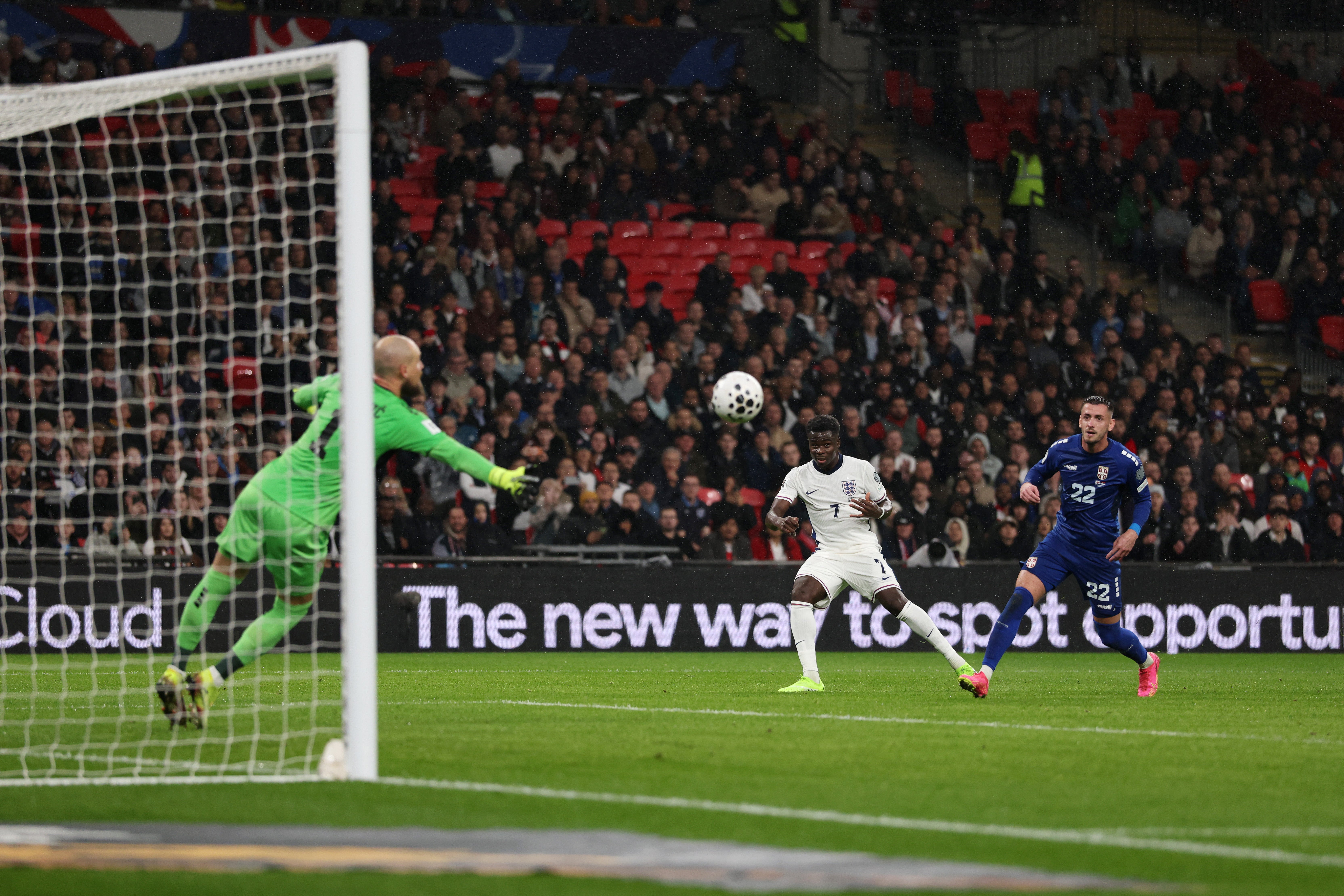 Bukayo Saka volleys home England's opening goal at Wembley