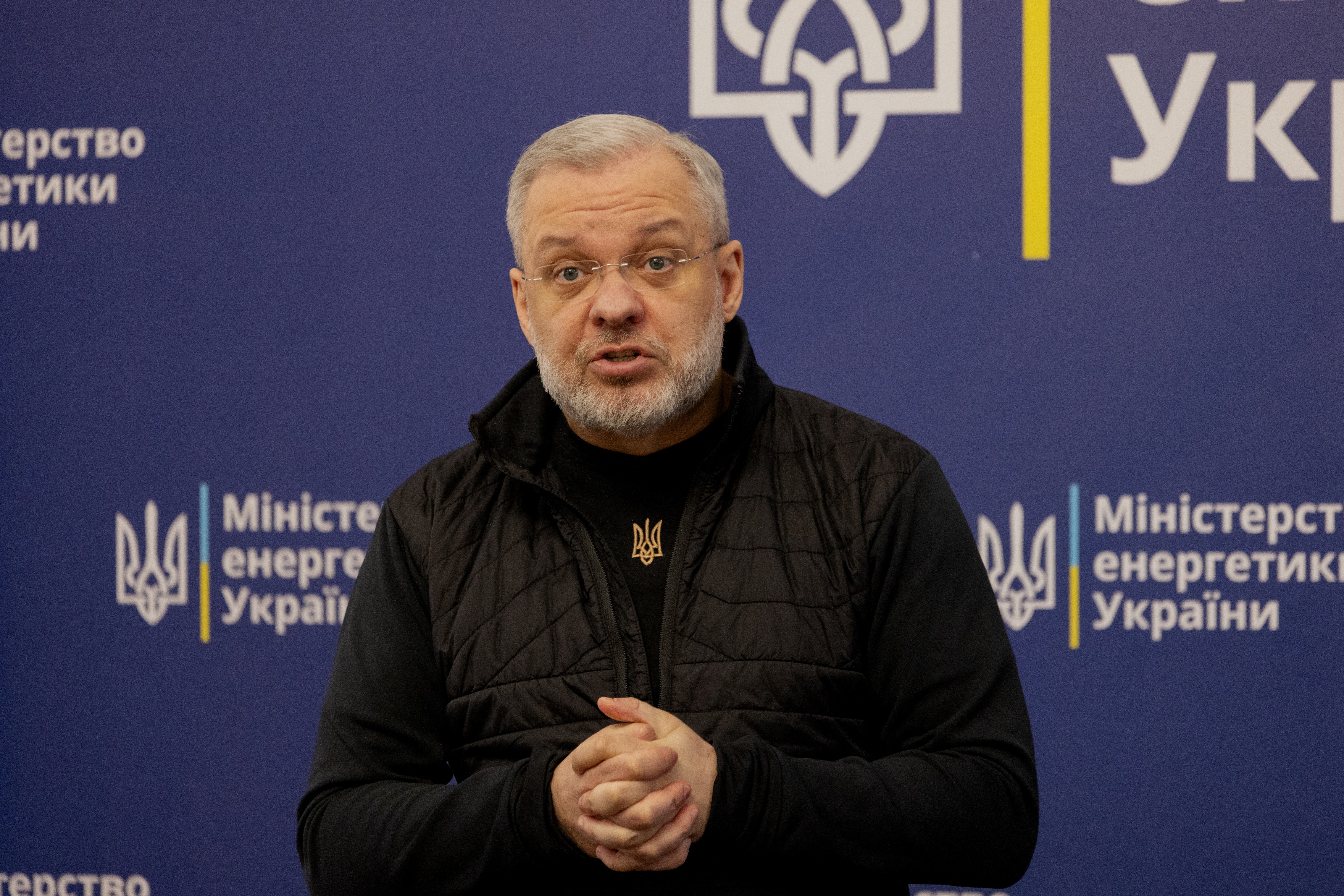 Ukraine’s energy minister German Galushchenko speaks during a joint press conference with the director general of the International Atomic Energy Agency in Kyiv in February this year