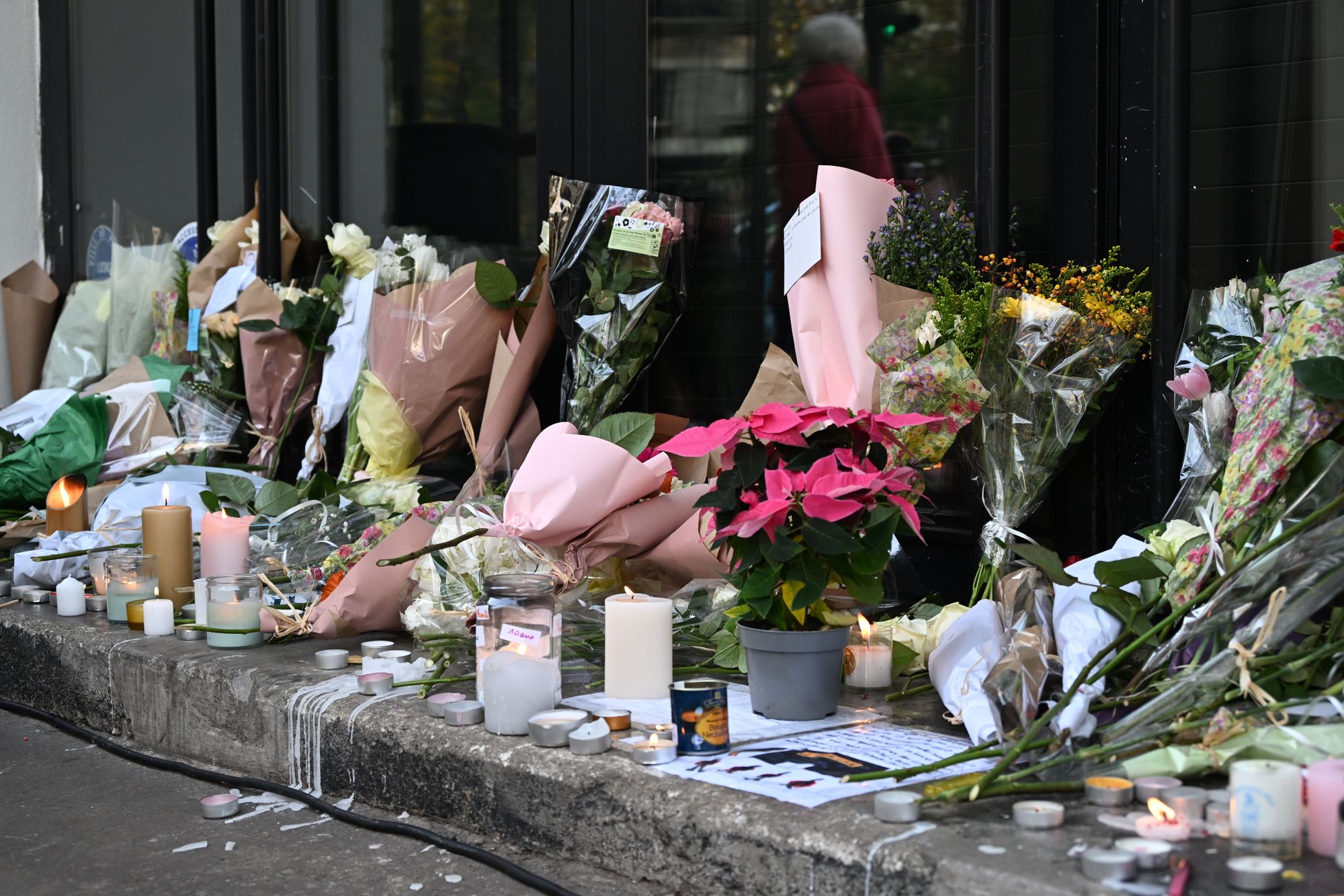 Flowers laid at the Bataclan concert hall in Paris on the 10th anniversary of the attack