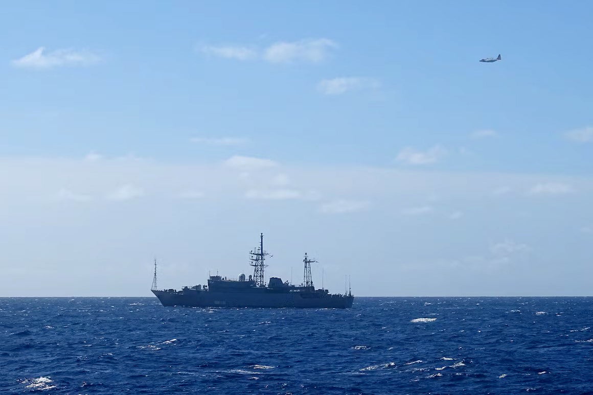 The Russian military vessel, Kareliya, was spotted about 15 miles south of Oahu