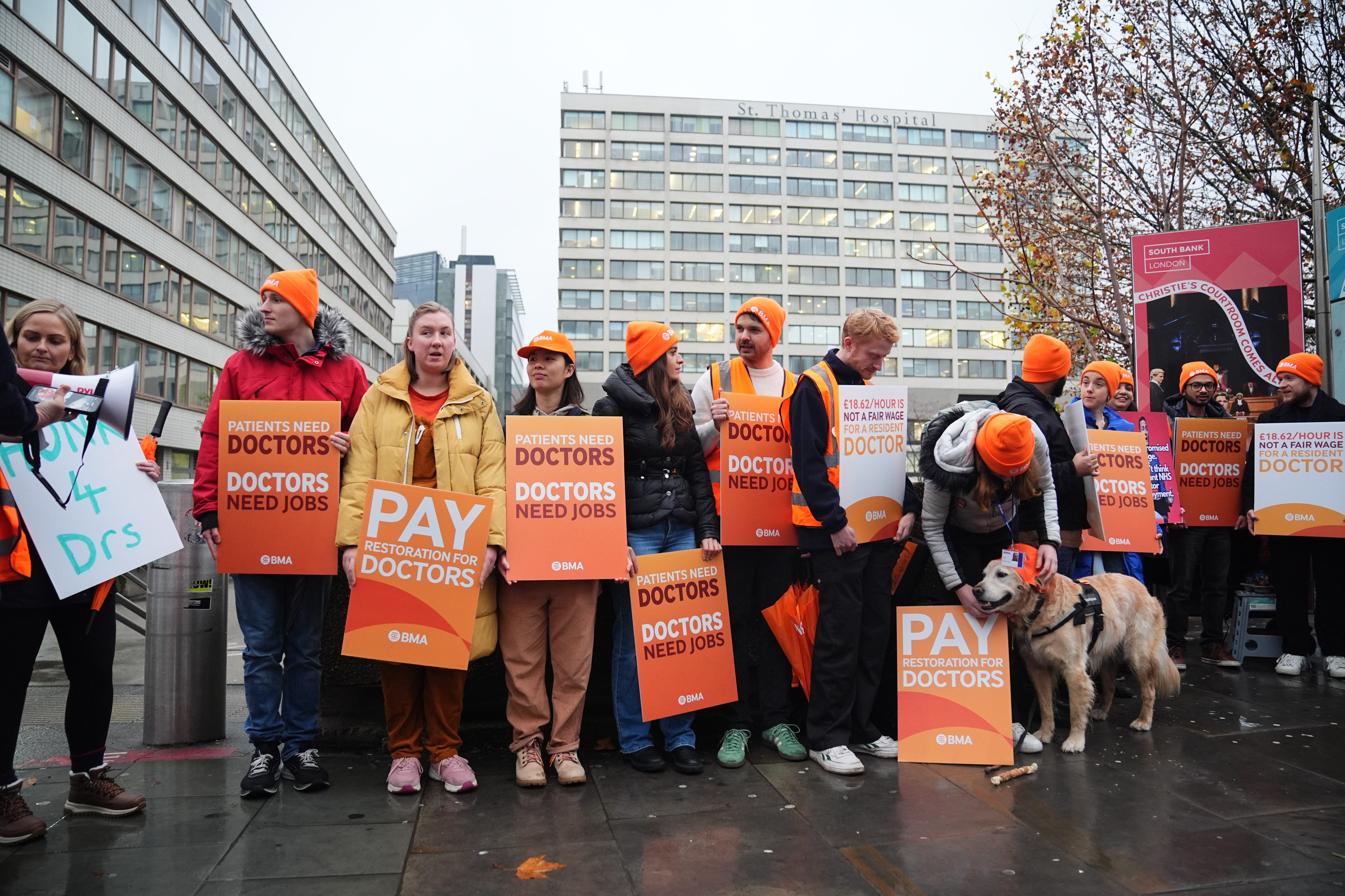 NHS resident doctors outside St Thomas’ Hospital in London (James Manning/PA)