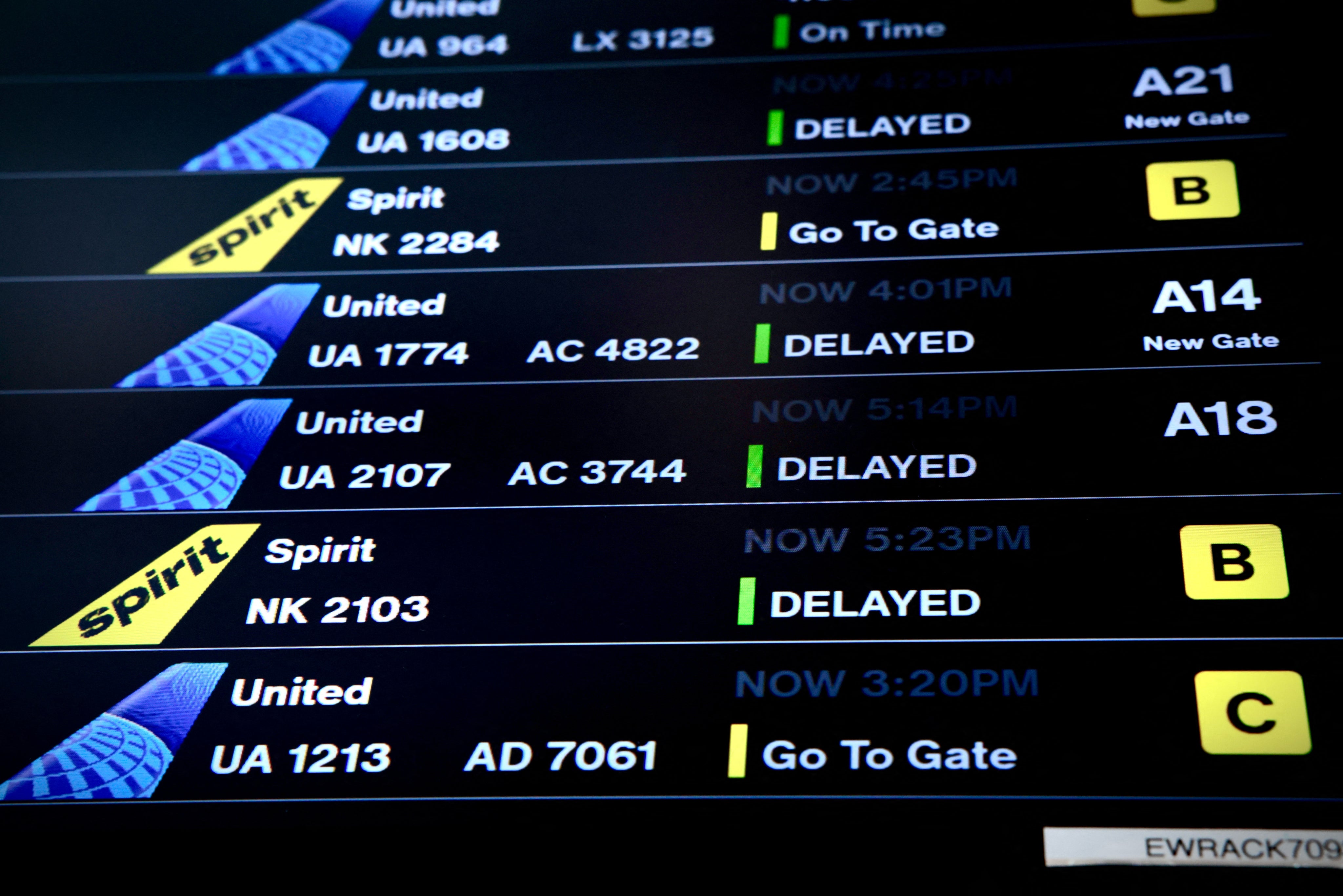 A screen displaying the flight status is seen at Newark Liberty International Airport in Newark, New Jersey on May 7, 2025