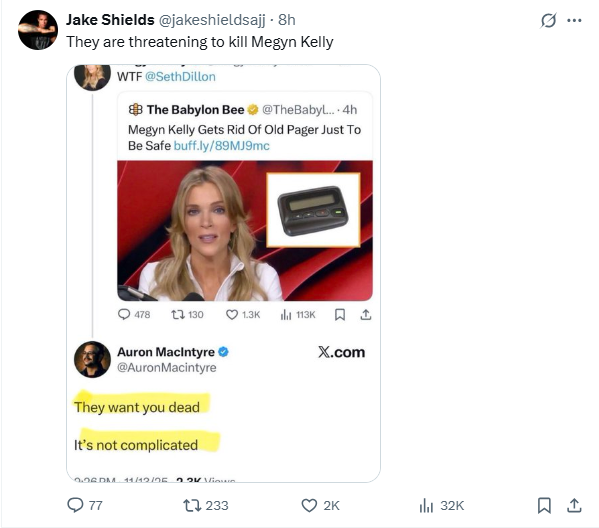 A screenshot of an X post featuring Kelly blasting The Babylon Bee while other right-wing pundits claim they want to ‘murder’ her.