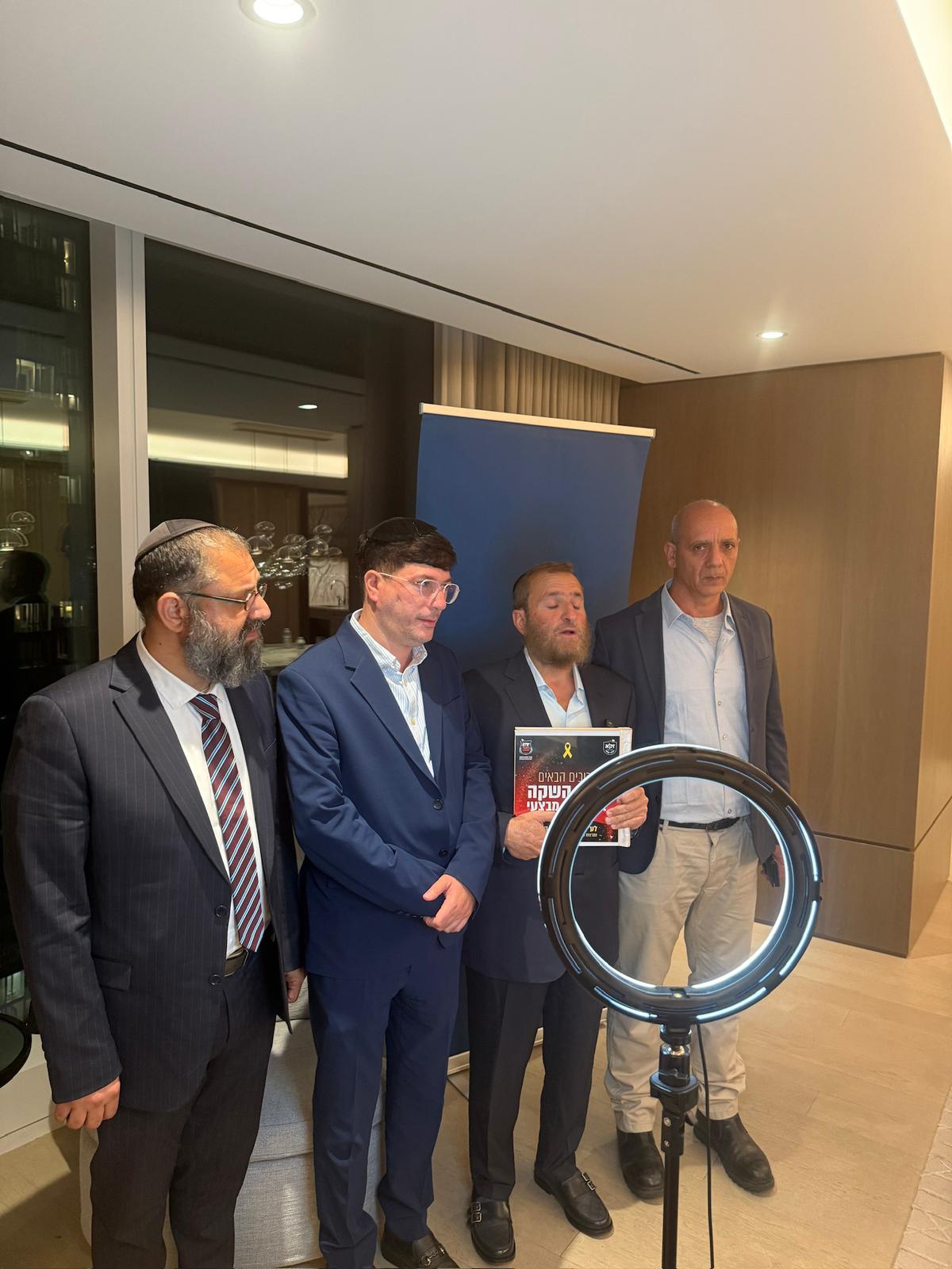 A photo of the event and the center of the lawsuit, provided by Boteach, who is second from right. Former New York Rep. Dov Hikind can be seen at left, and October 7 victim Shani Louk’s father is at right