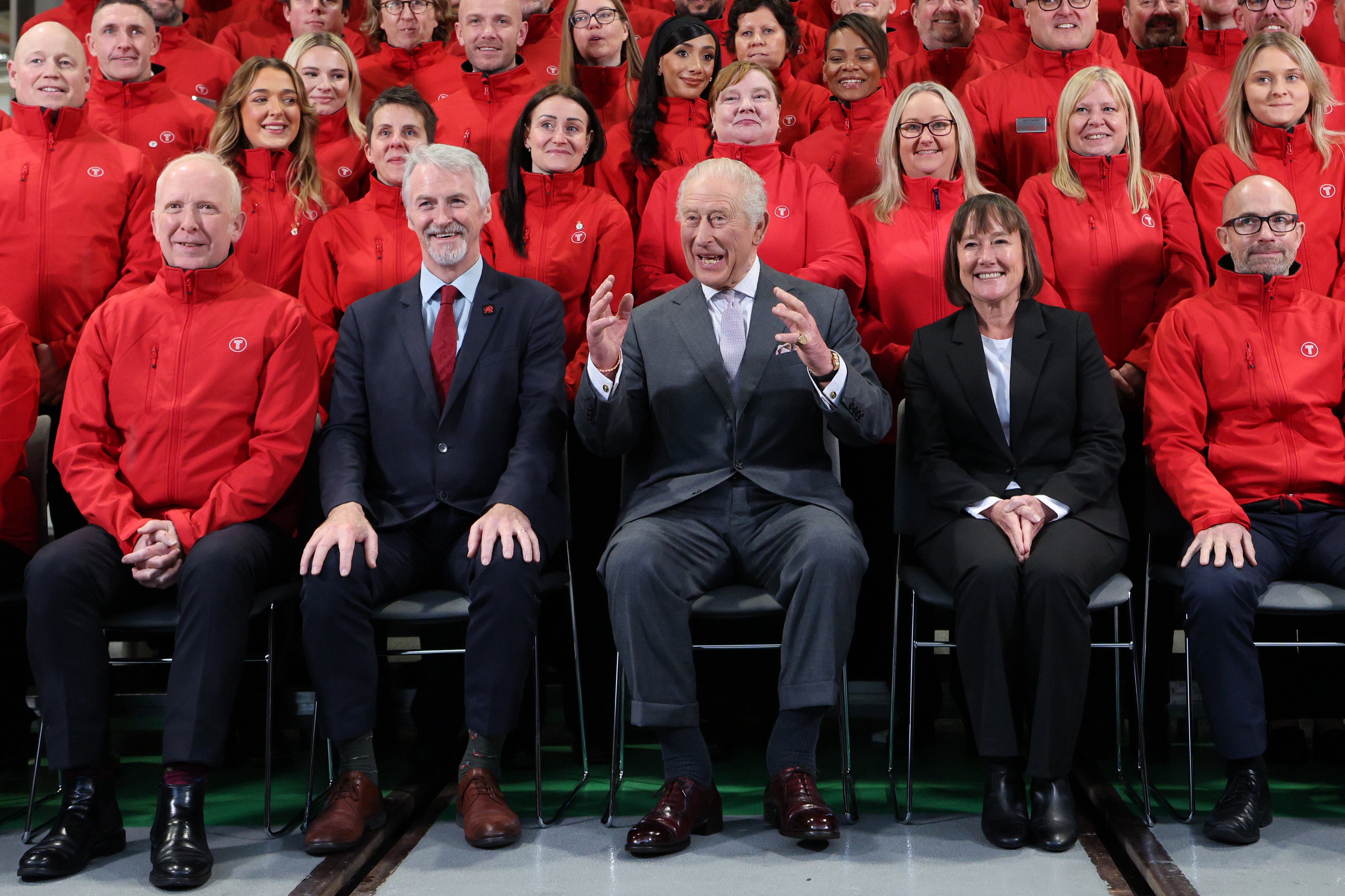 Charles with deputy first minister of Wales Huw Irranca-Davies and Welsh secretary Jo Stevens at the opening of the depot