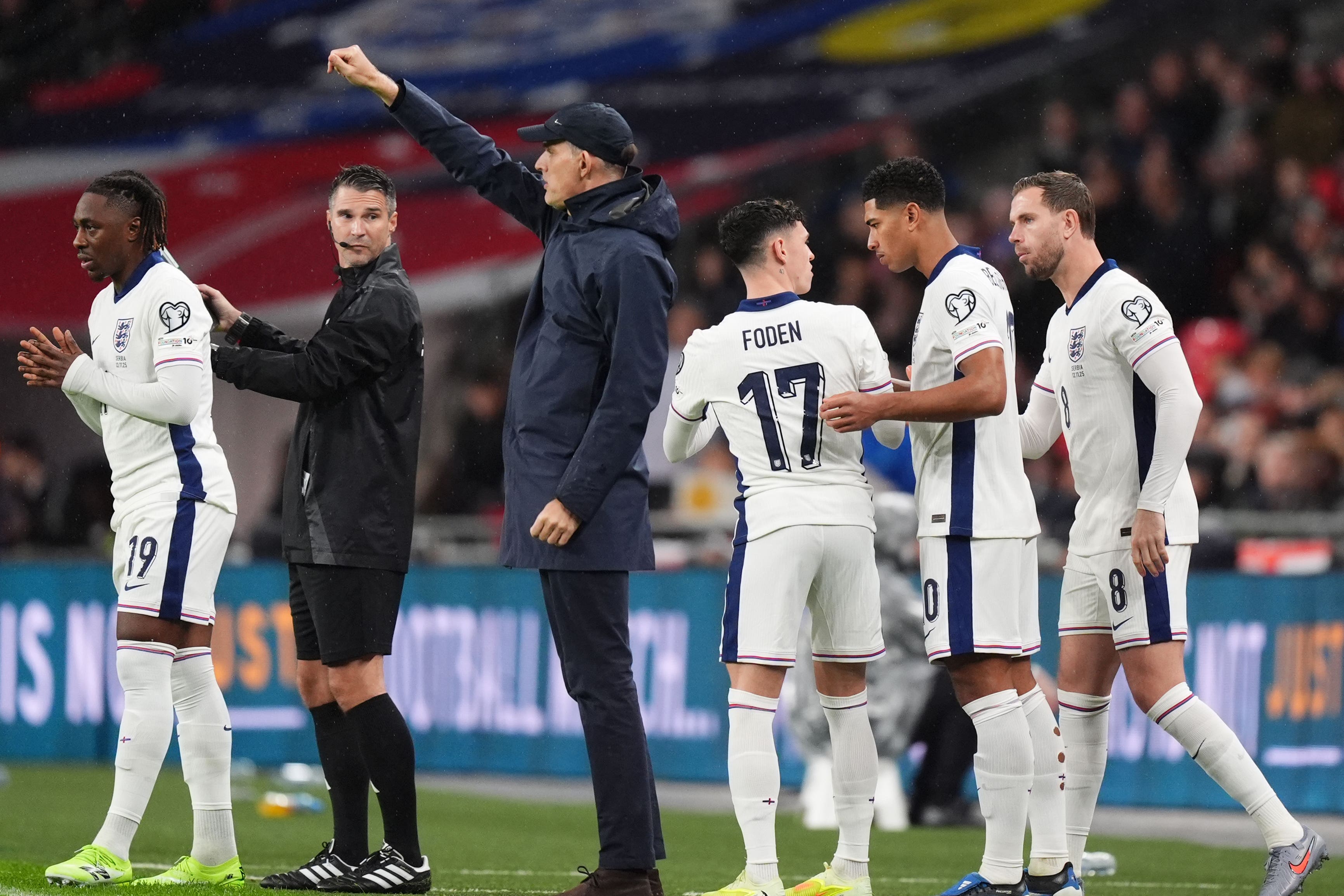 England manager Thomas Tuchel looks on as substitutes Eberechi Eze, Phil Foden, Jude Bellingham and Jordan Henderson get ready (Mike Egerton/PA)