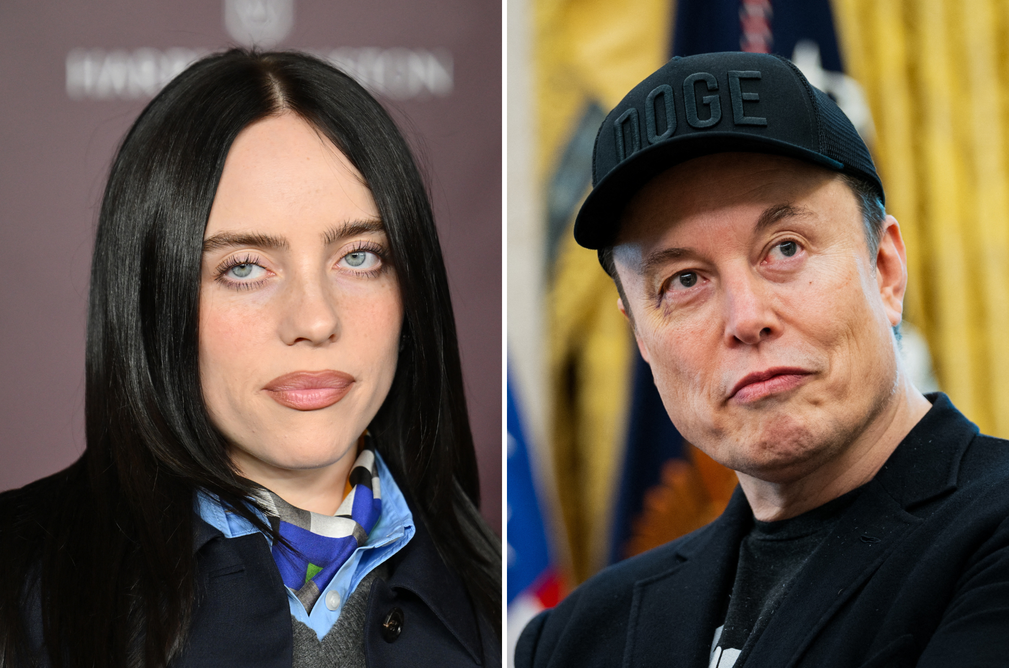 Billie Eilish (à esquerda) chamou Elon Musk de 'covarde patético da puta'