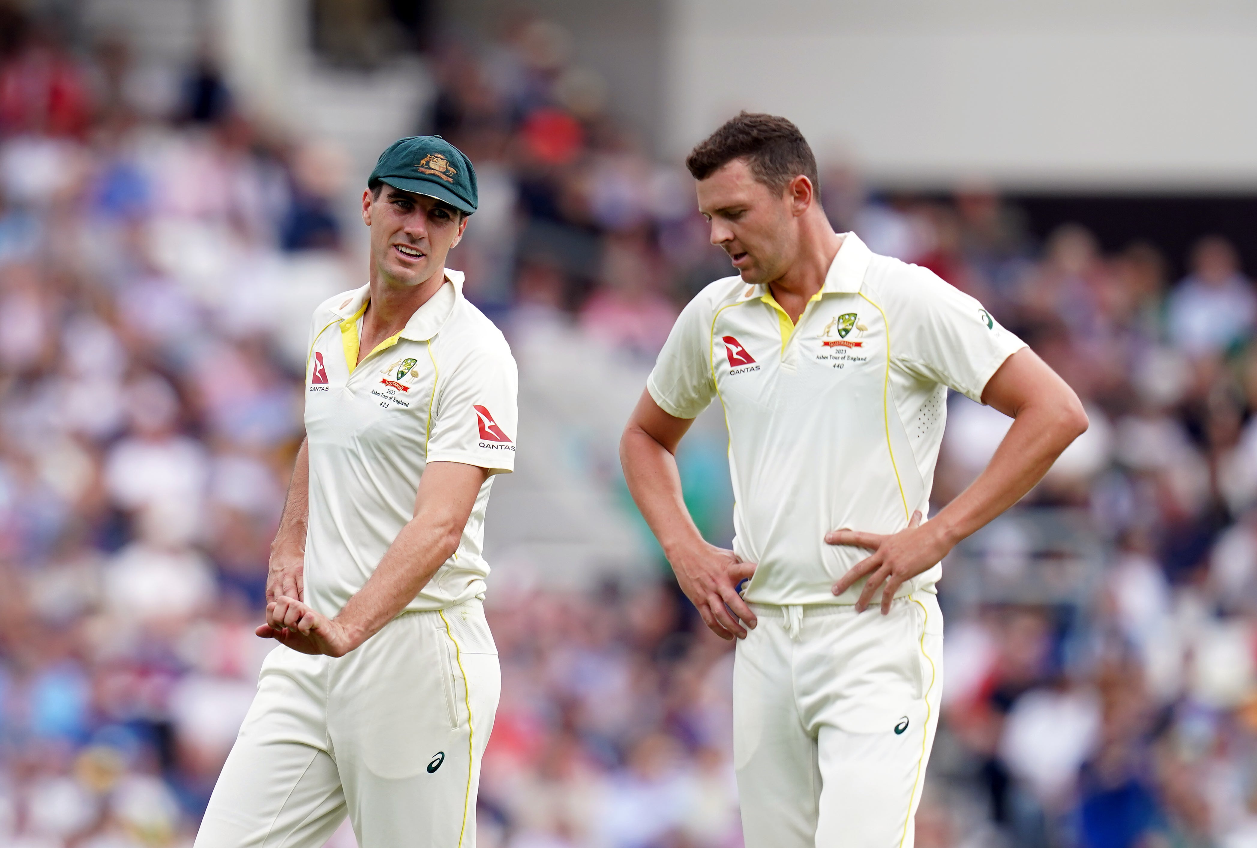 Pat Cummins (left) and Josh Hazlewood (right) will both miss the first Ashes Test