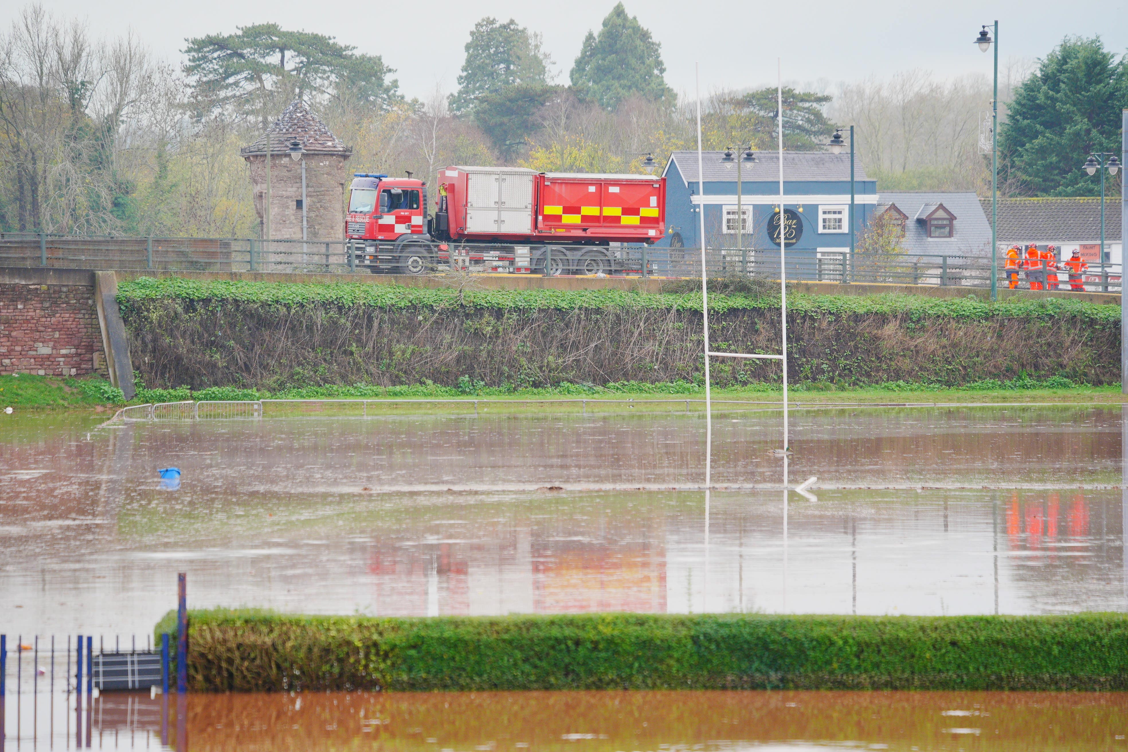 A flooded rugby field in Monmouth after the area was hit by heavy rain (Ben Birchall/PA)