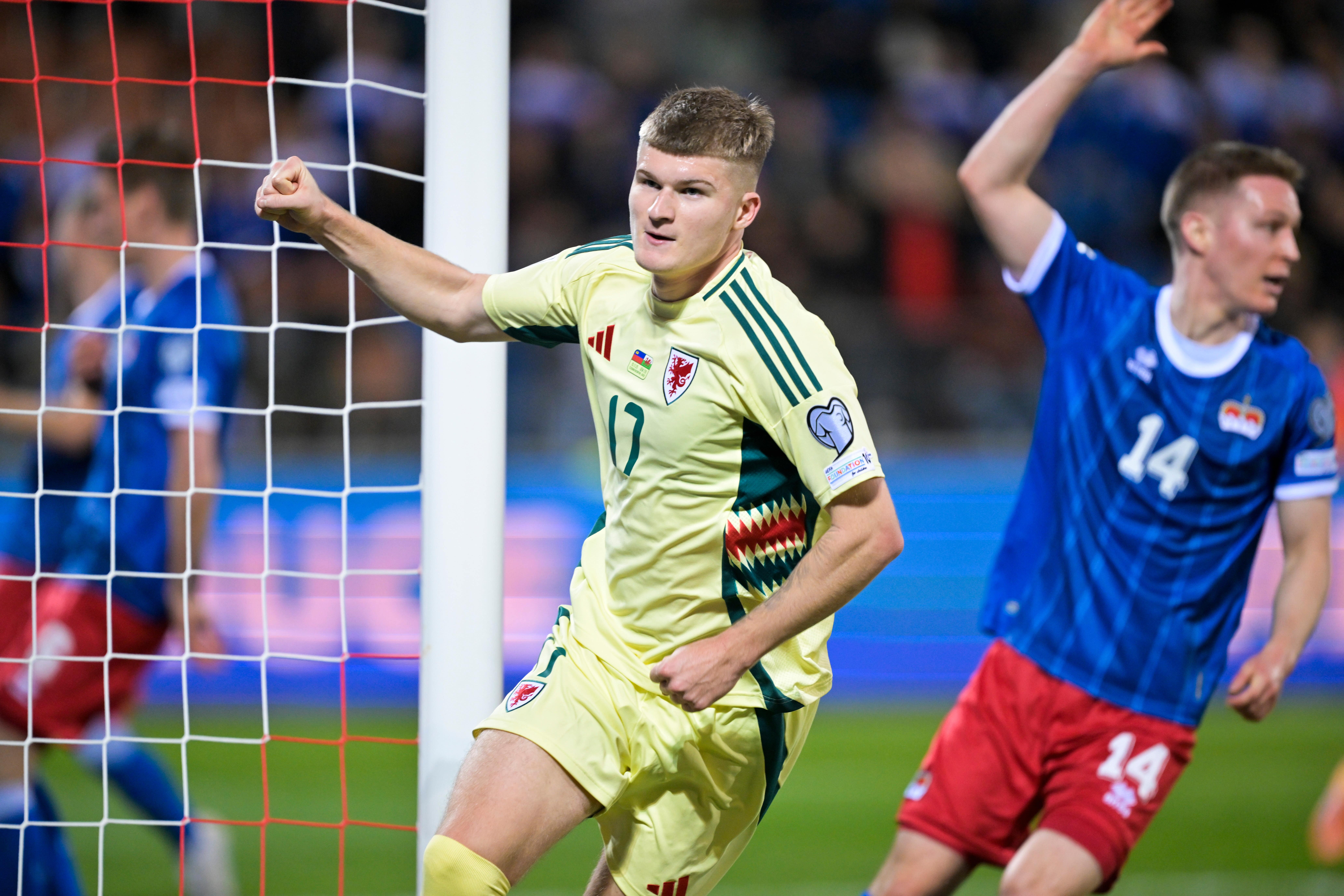 Jordan James celebrates after scoring for Wales in their World Cup qualifier against Liechtenstein (Gian Ehrenzeller/Keystone via AP)