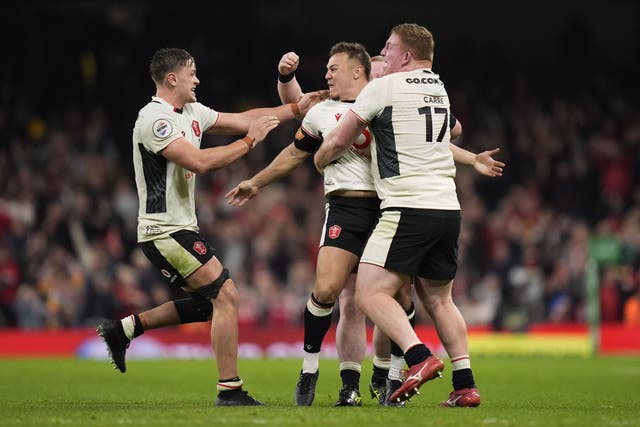 Wales’ Jarrod Evans (centre) scored a dramatic late penalty (Andrew Matthews/PA)