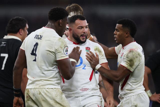 <p>Ellis Genge (centre) and the rest of England's front row were praised by Maro Itoje after the win over New Zealand</p>