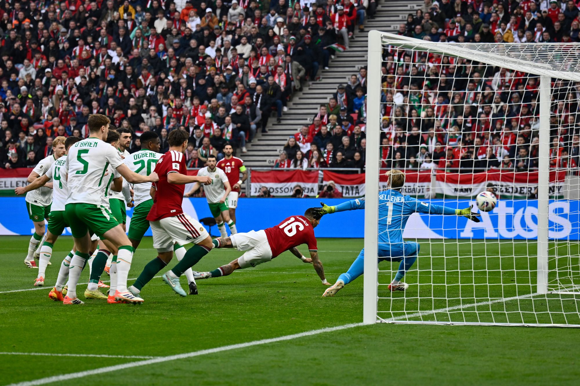 Hungary’s Daniel Lukacs scores his side’s opening goal