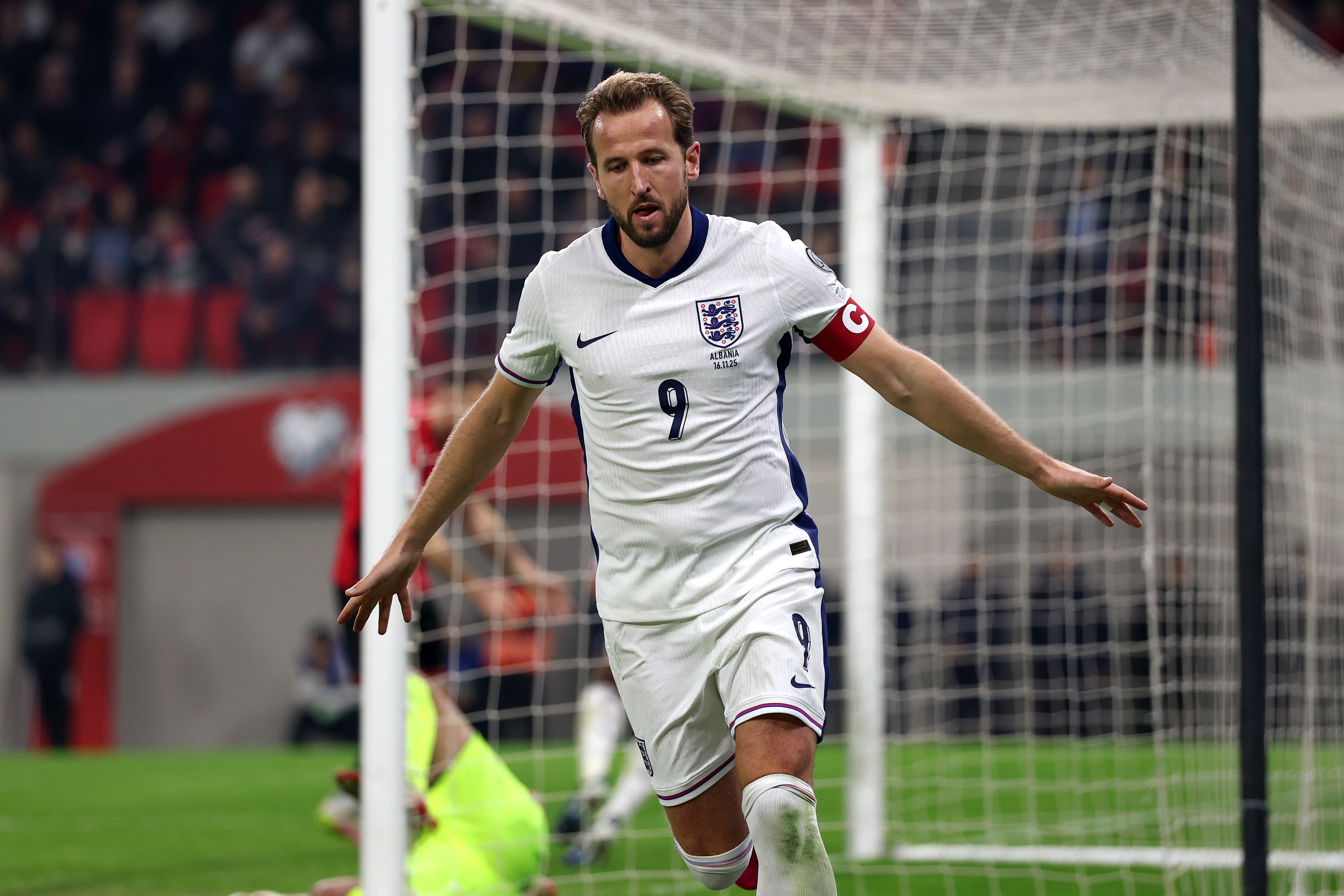 Harry Kane of England celebrates scoring his team's second goal during the FIFA World Cup 2026 qualifier match between Albania and England at Air Albania Stadium on November 16, 2025 in Tirana, Albania