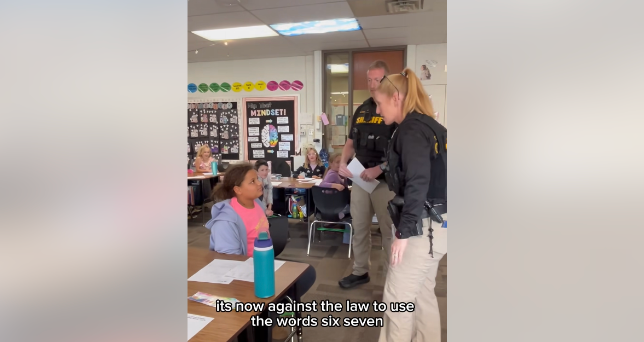 A video issued by the Tippecanoe County Sheriff’s Office shows officers jokingly handing out “tickets” to students for saying the phrase “6-7”