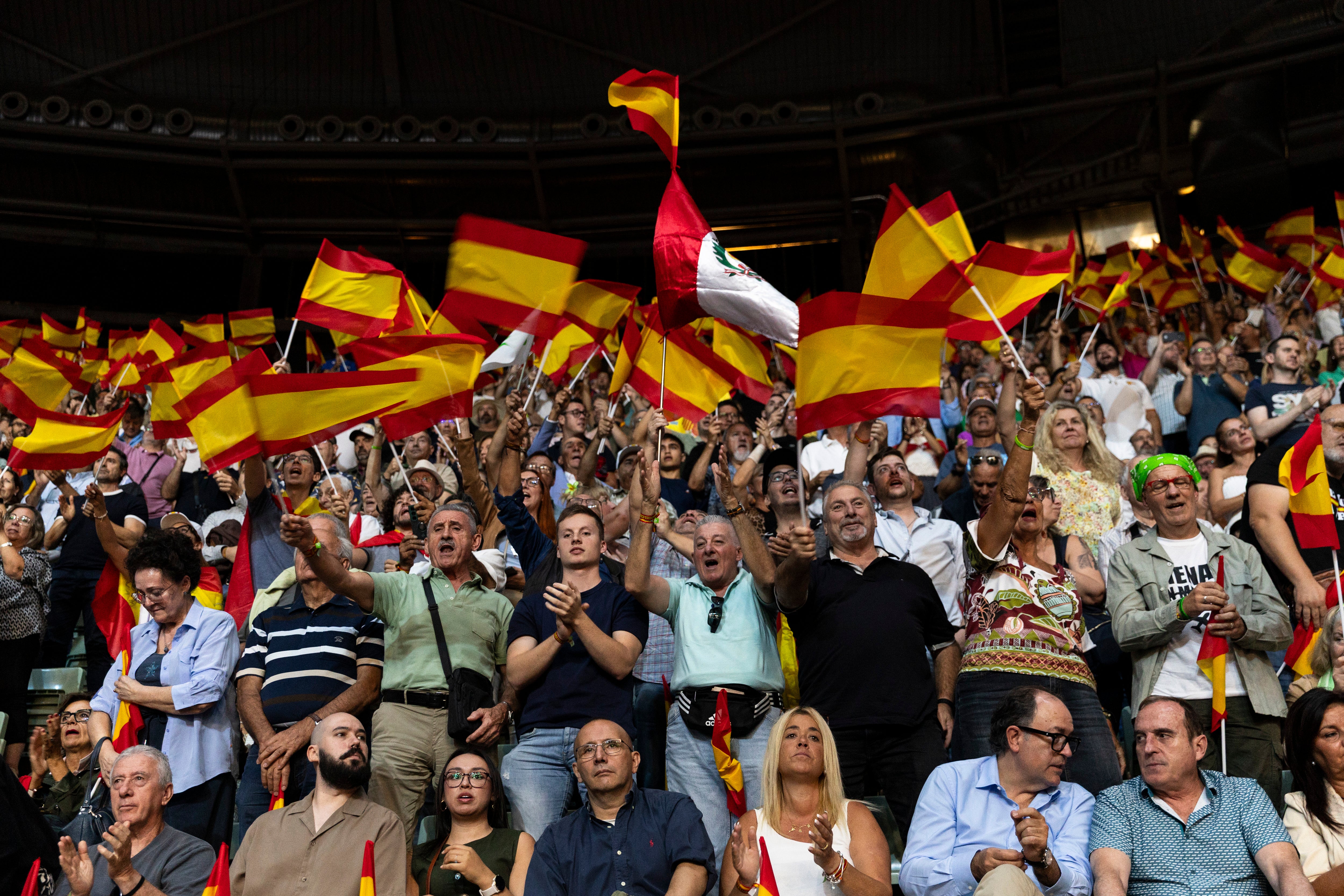 Vox supporters wave Spanish flags during a Patriots for Europe rally at Palacio de Vistalegre on 14 September