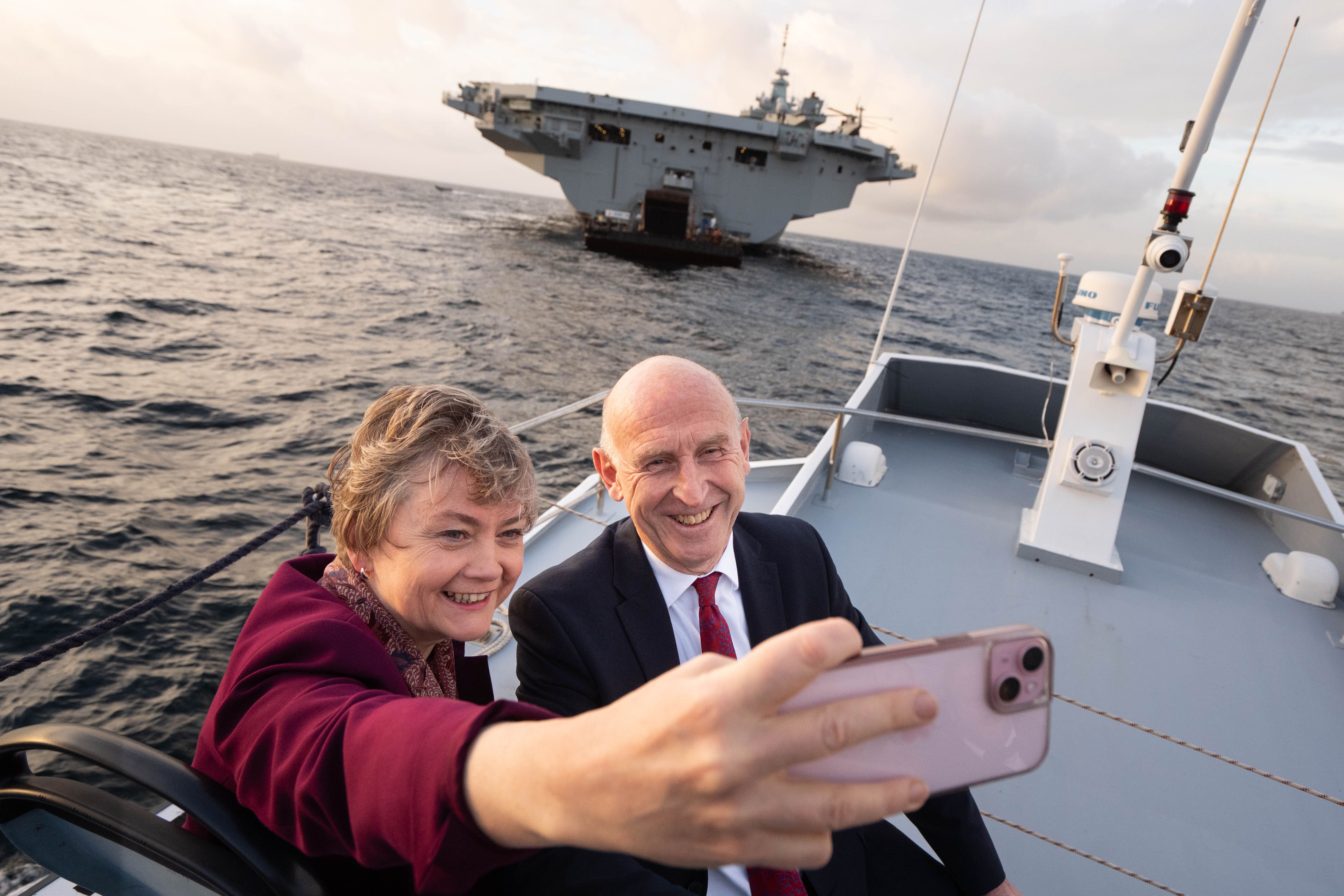 Defence Secretary John Healey and Foreign Secretary Yvette Cooper during a visit to HMS Prince of Wales (Stefan Rousseau/PA)