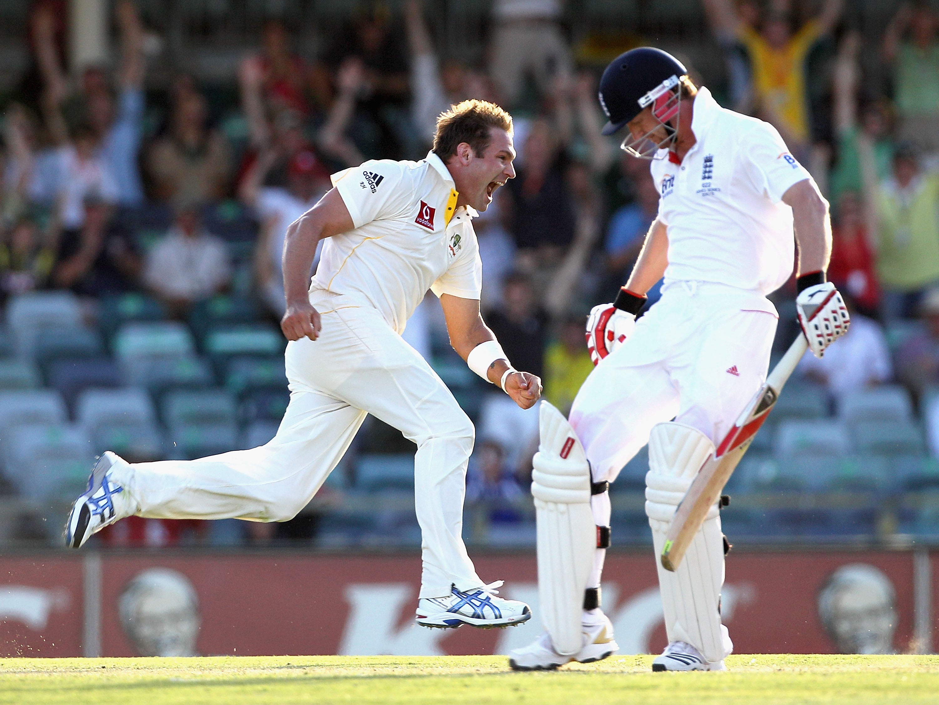 Ryan Harris of Australia celebrates the wicket of Paul Collingwood in Perth in December 2010
