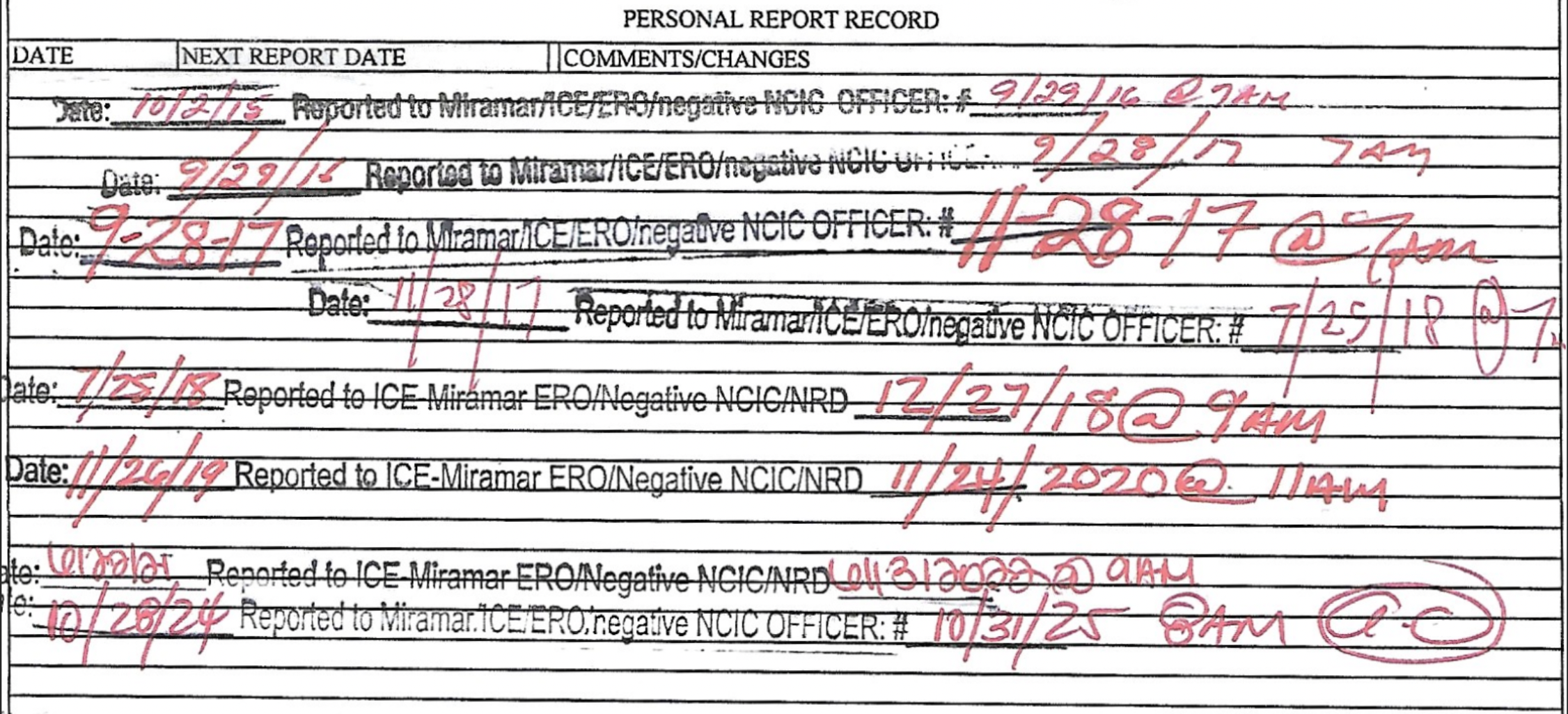 Páez's ICE compliance record, showing check-ins from 2015 to 2025