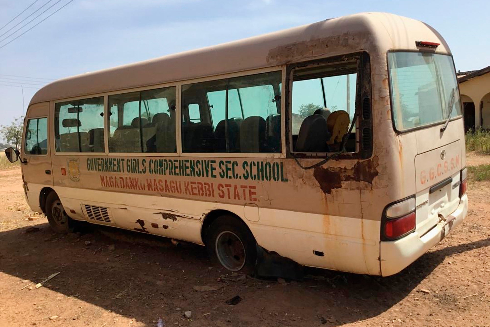A view of the school bus of the Government Girls Comprehensive Secondary School, where gunmen on Monday attacked the school dormitory and abducted schoolgirls