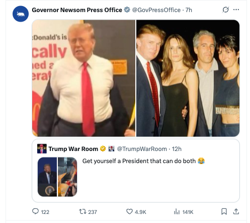 In a second swipe, Newsom’s team ridiculed the ‘Trump War Room’ X account’s post which pictured the president speaking at a podium, alongside a photo of him working the McDonald’s fryer