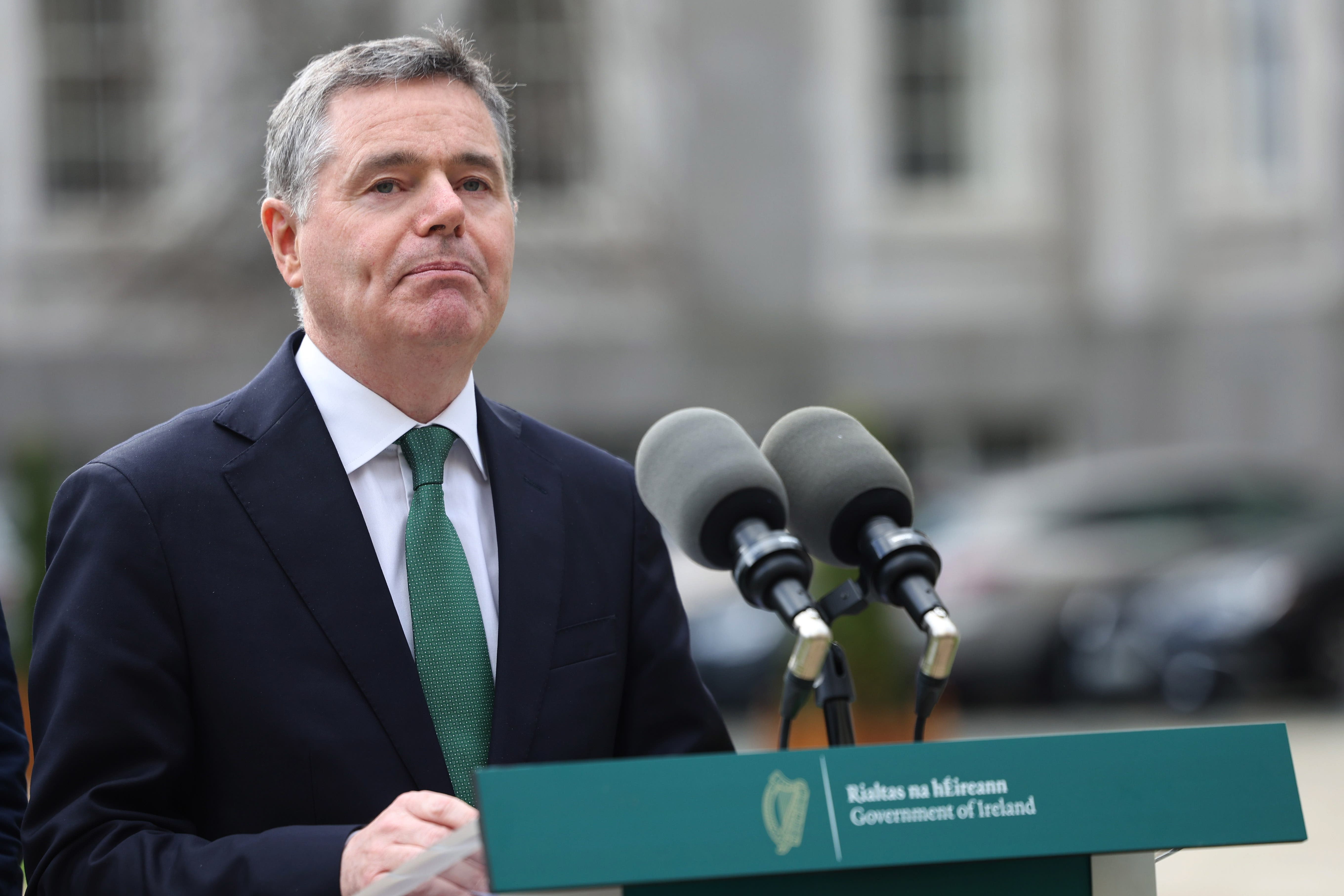 Paschal Donohoe speaking at a press conference at Government Buildings (Damien Eagers/PA)