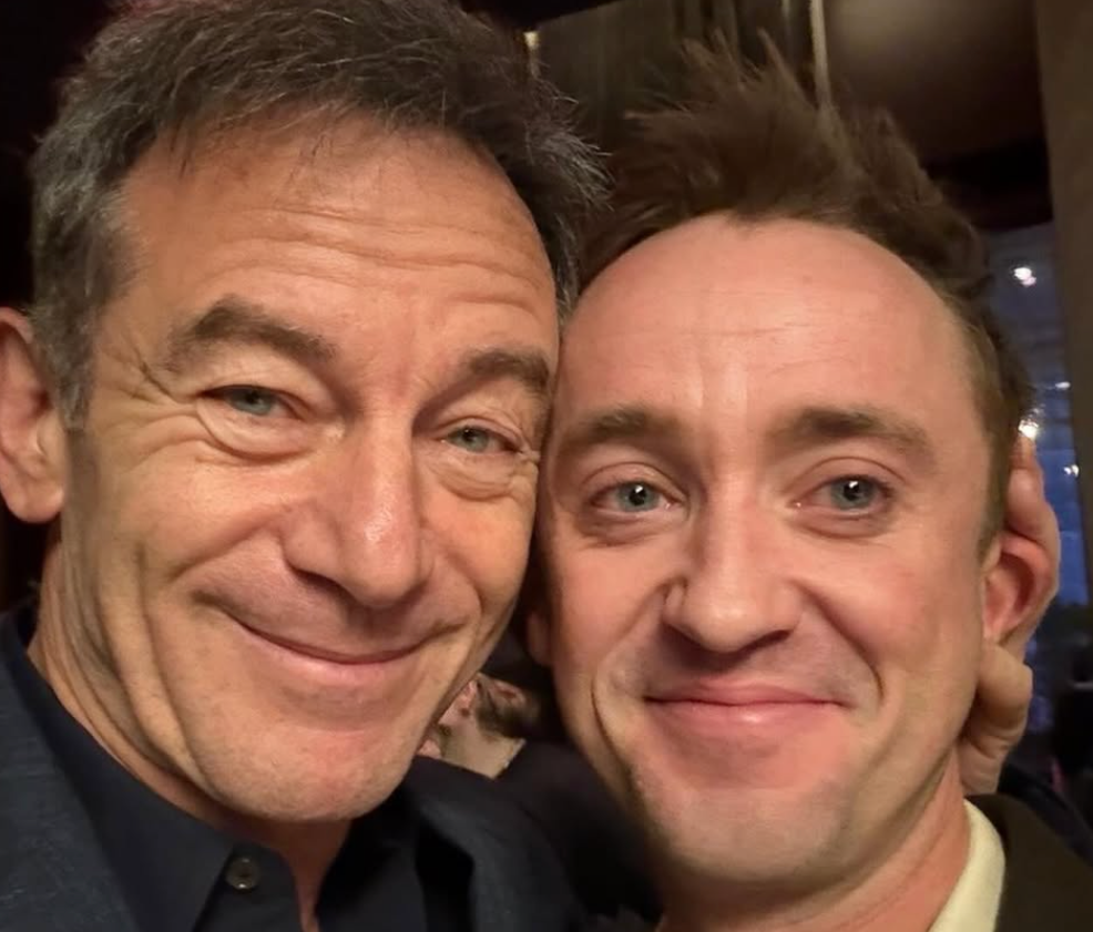 <p>Jason Isaacs (left) supported his former Harry Potter co-star and on-screen son Tom Felton at his Broadway production of 'Harry Potter and the Cursed Child'</p>